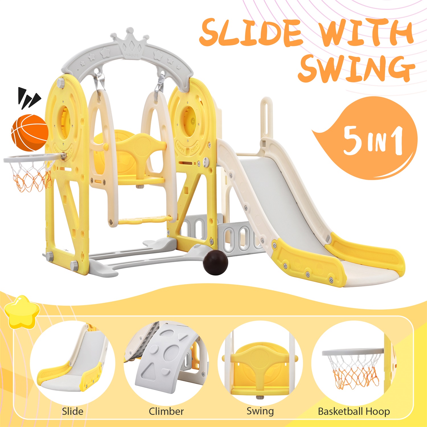 CIPACHO Kids Swing and Slide Set 5 in 1, Children's Playground with Basketball Hoop, Climbing Ramp, Hidden Space for Age 2-5, Yellow