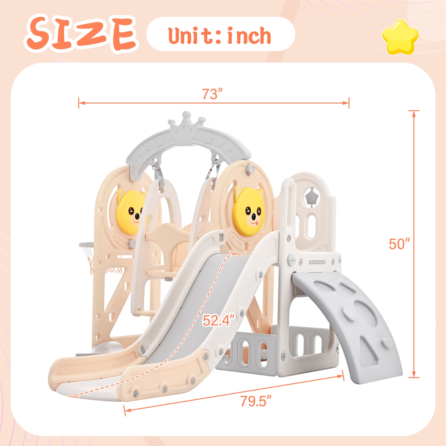 CIPACHO 5 in 1 Kids Swing and Slide Set for Age 2-5, Children's Playground with Basketball Hoop, Climbing Ramp, Hidden Space, Pink