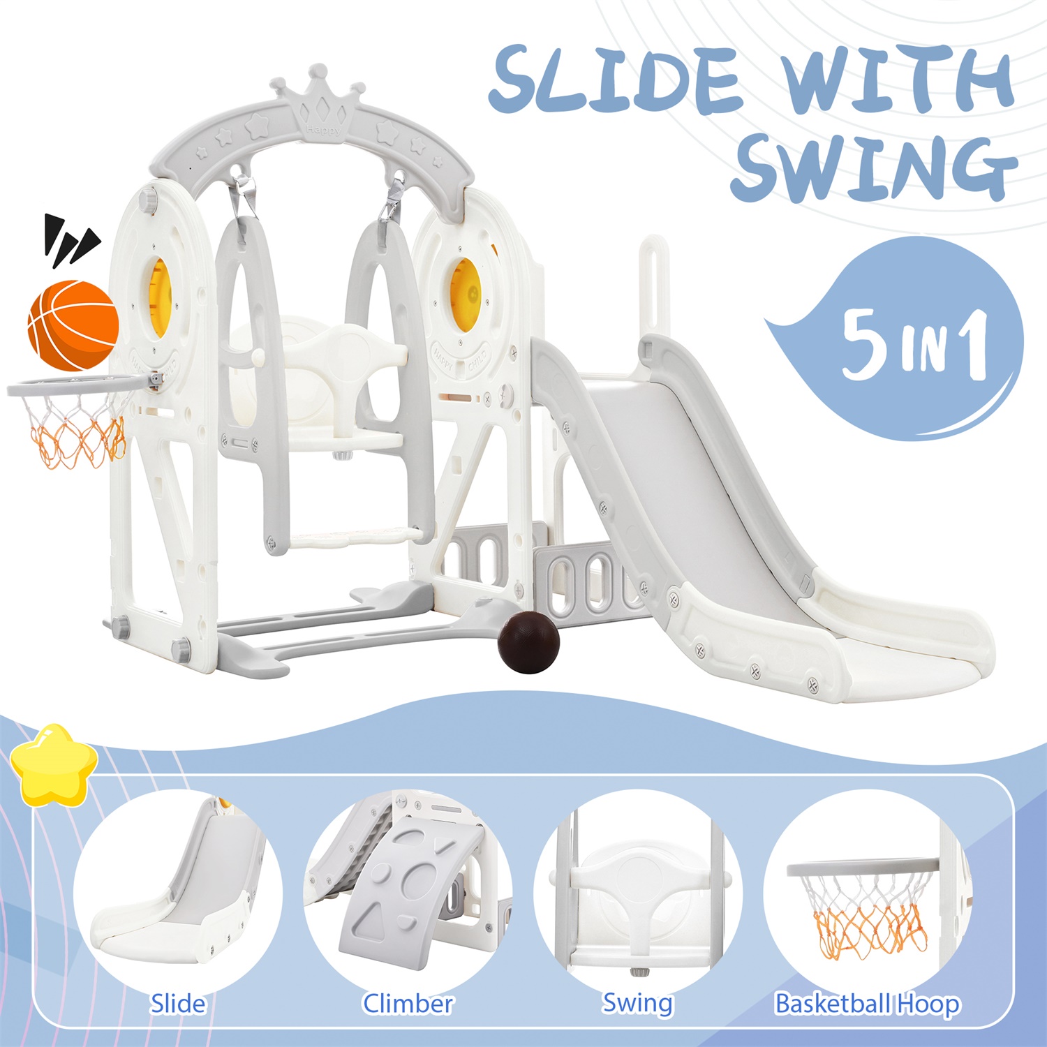 CIPACHO Kids Swing and Slide Set 5 in 1, Children's Playground with Basketball Hoop, Climbing Ramp, Hidden Space for Age 2-5, Gray