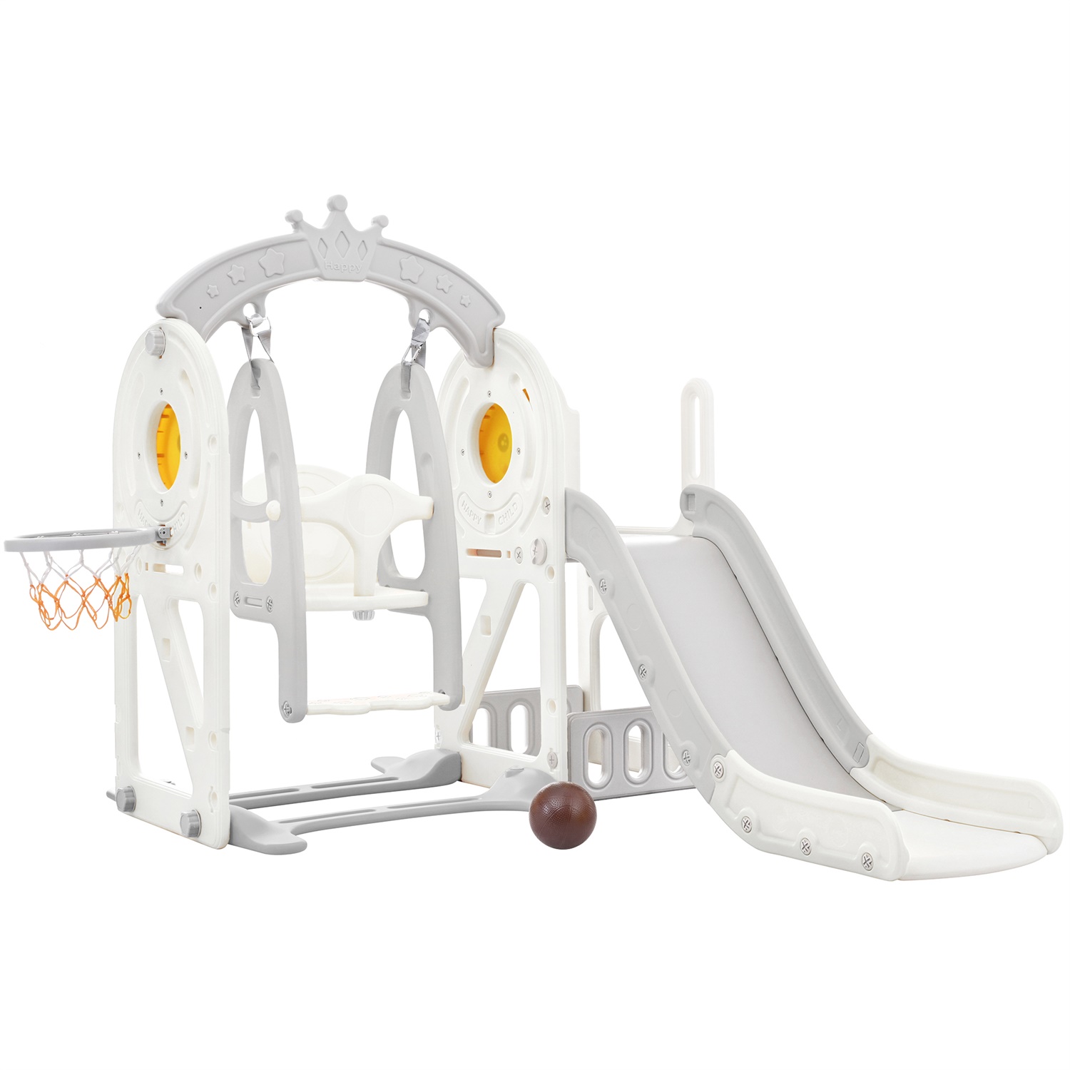 CIPACHO Kids Swing and Slide Set 5 in 1, Children's Playground with Basketball Hoop, Climbing Ramp, Hidden Space for Age 2-5, Gray