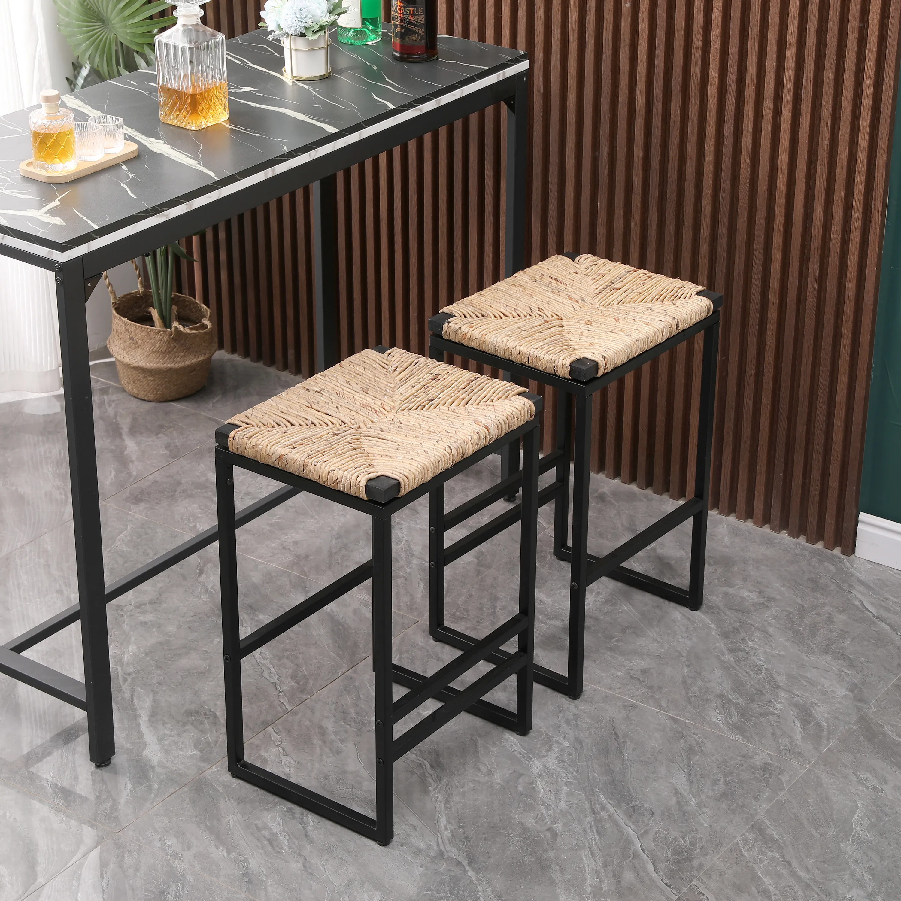 Yardi Yard Set of 2 Woven Bar Stool, Barstools with Footrest and Back for Kitchen, Natural