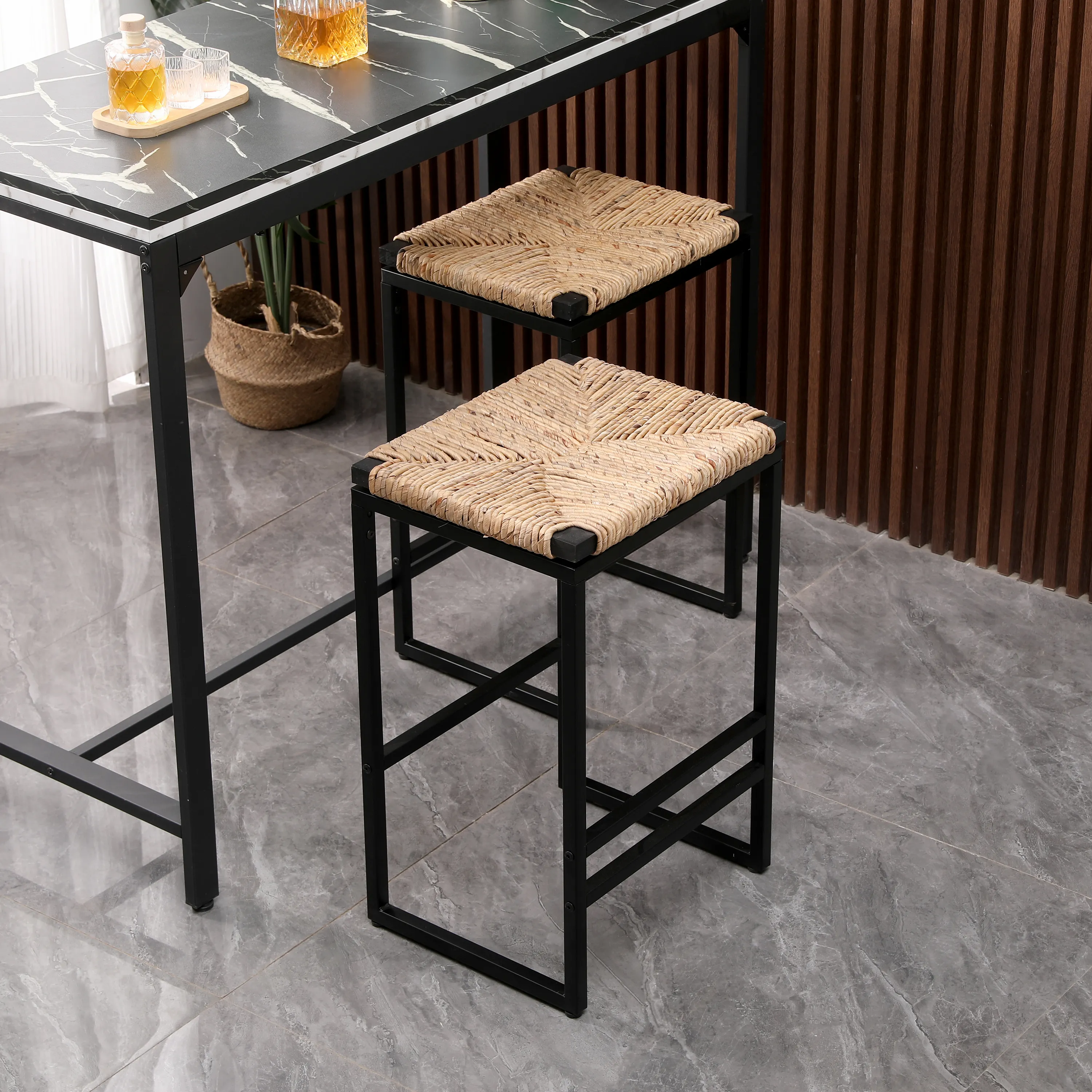 Yardi Yard Set of 2 Woven Bar Stool, Barstools with Footrest and Back for Kitchen, Natural