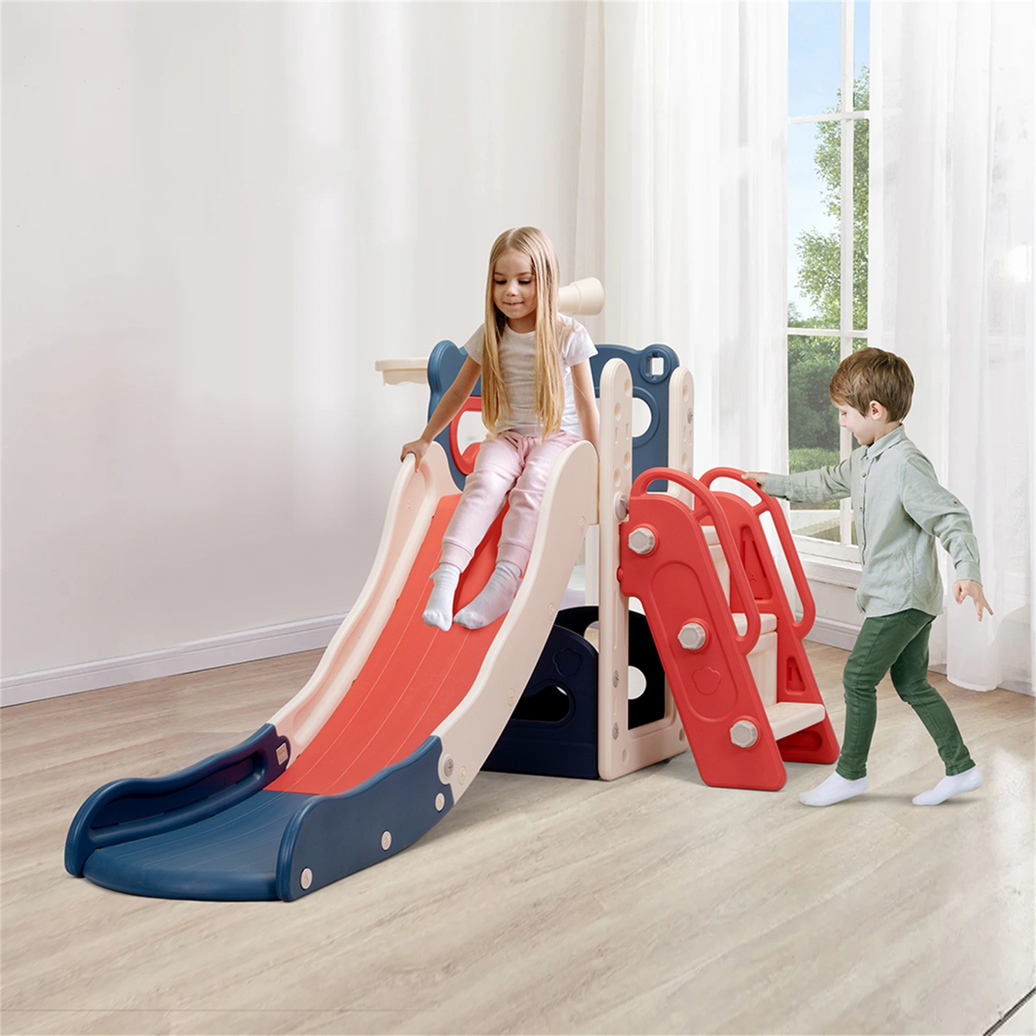 CIPACHO Kids Slide and Climber Playset for Age 2-8, 5 In 1 Freestanding Toddler Playground with Basketball Hoop, Telescope, Ball and Storage Space, Red