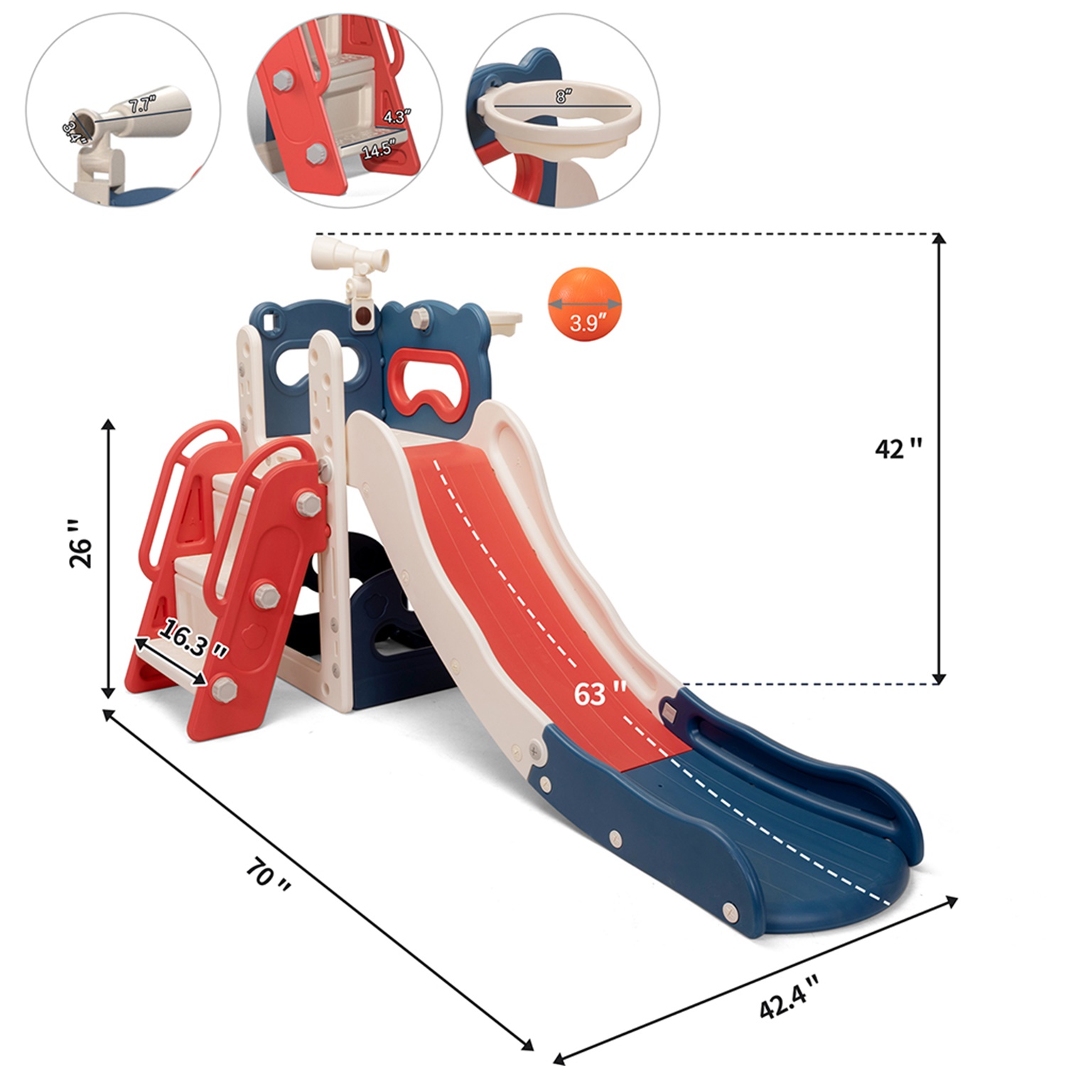 CIPACHO Kids Slide and Climber Playset for Age 2-8, 5 In 1 Freestanding Toddler Playground with Basketball Hoop, Telescope, Ball and Storage Space, Red