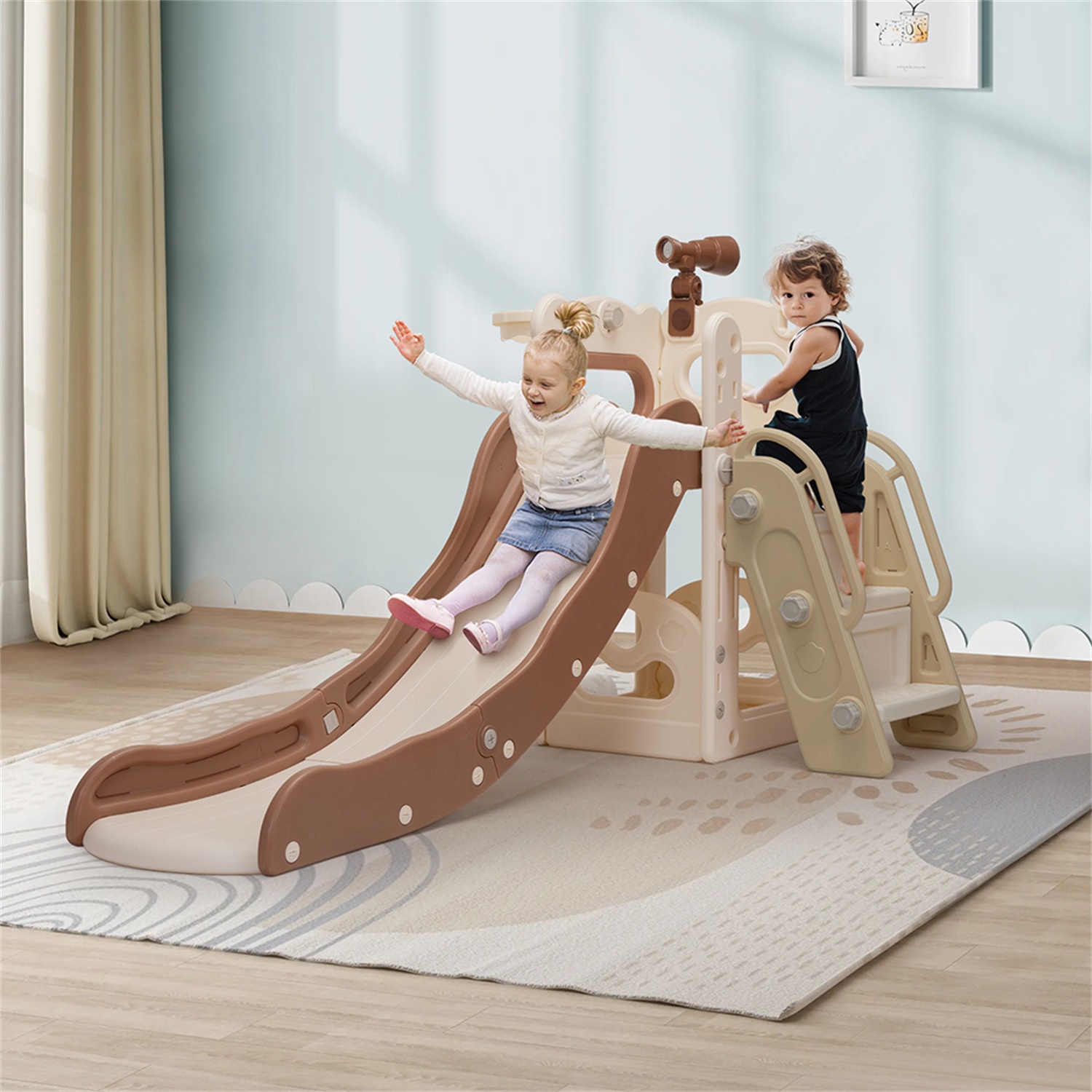 CIPACHO Kids Slide and Climber Playset for Age 2-8, 5 In 1 Freestanding Toddler Playground with Basketball Hoop, Telescope, Ball and Storage Space, Beige