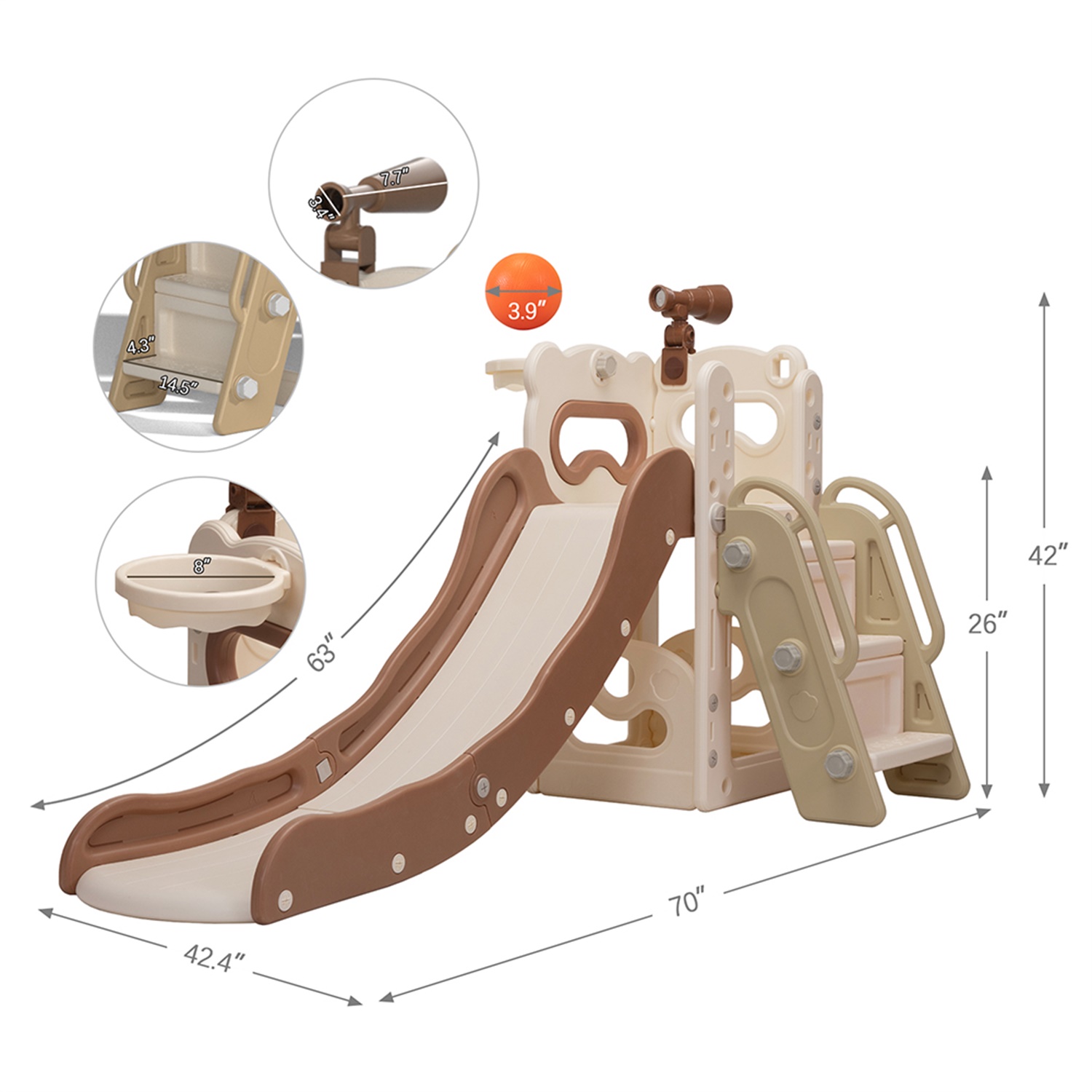 CIPACHO 5 In 1 Kids Slide and Climber Playset for Age 2-8, Freestanding Toddler Playground with Basketball Hoop, Telescope, Ball and Storage Space, Beige