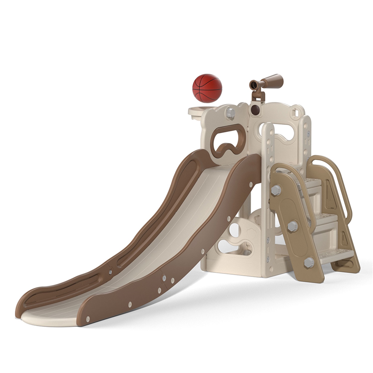 CIPACHO Kids Slide and Climber Playset for Age 2-8, 5 In 1 Freestanding Toddler Playground with Basketball Hoop, Telescope, Ball and Storage Space, Beige