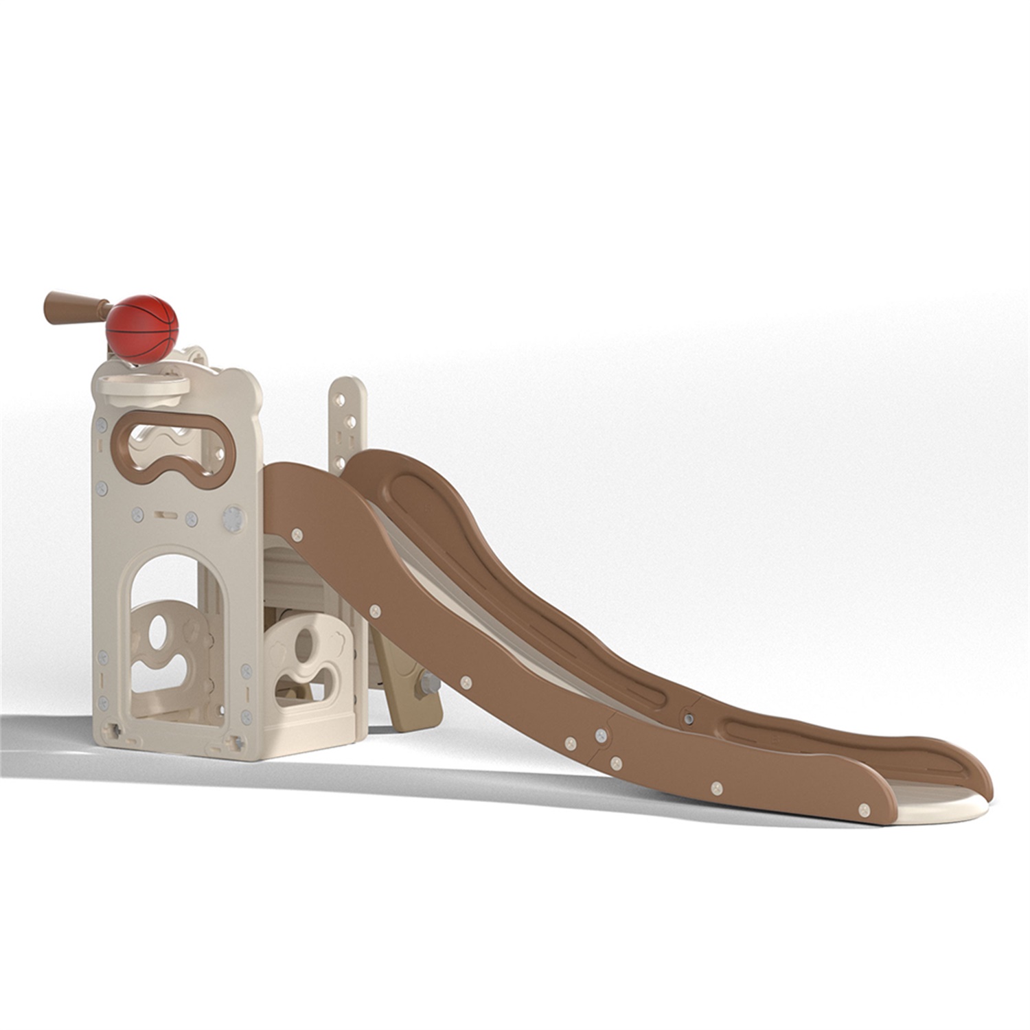 CIPACHO Kids Slide and Climber Playset for Age 2-8, 5 In 1 Freestanding Toddler Playground with Basketball Hoop, Telescope, Ball and Storage Space, Beige