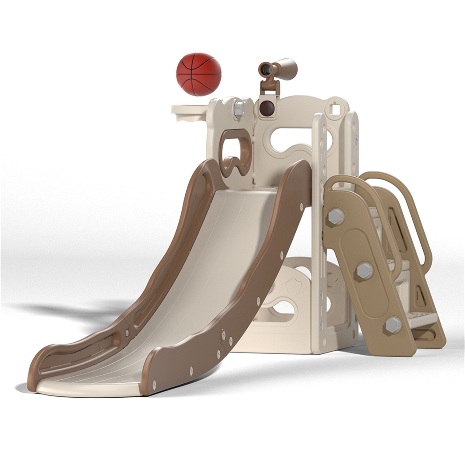 CIPACHO 5 In 1 Kids Slide and Climber Playset for Age 2-8, Freestanding Toddler Playground with Basketball Hoop, Telescope, Ball and Storage Space, Beige