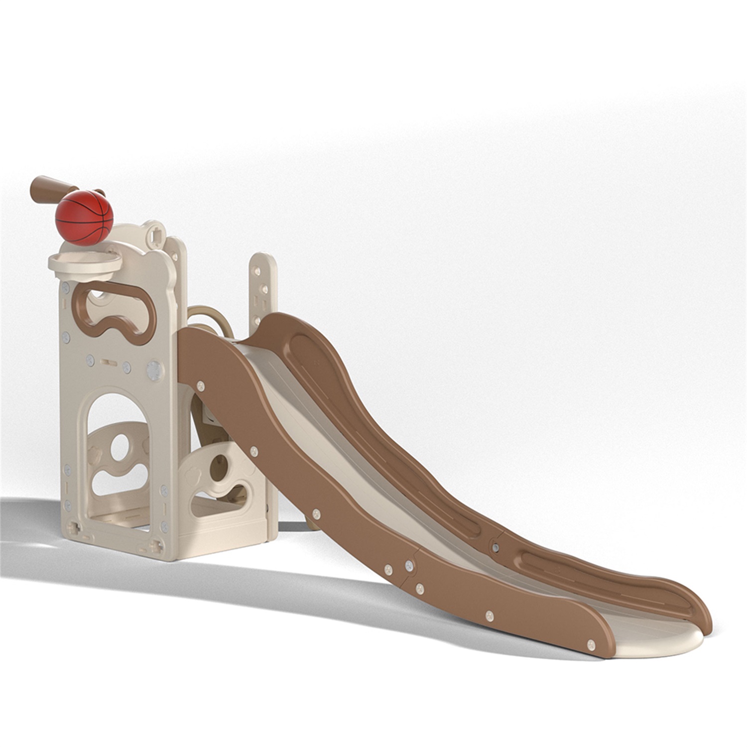 CIPACHO Kids Slide and Climber Playset for Age 2-8, 5 In 1 Freestanding Toddler Playground with Basketball Hoop, Telescope, Ball and Storage Space, Beige