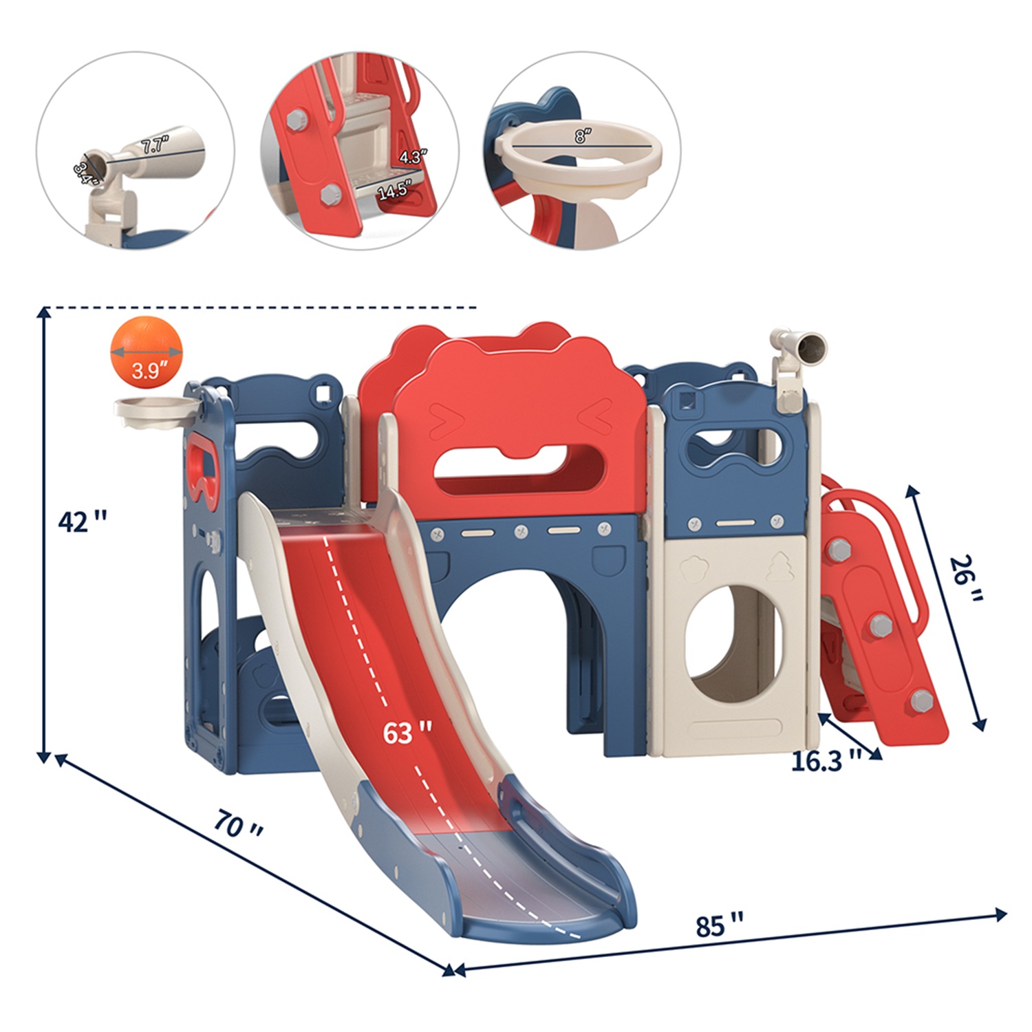 CIPACHO 85' Toddler Slide Playset, Kids Slide and Climber Set with Basketball Hoop Telescope, Red