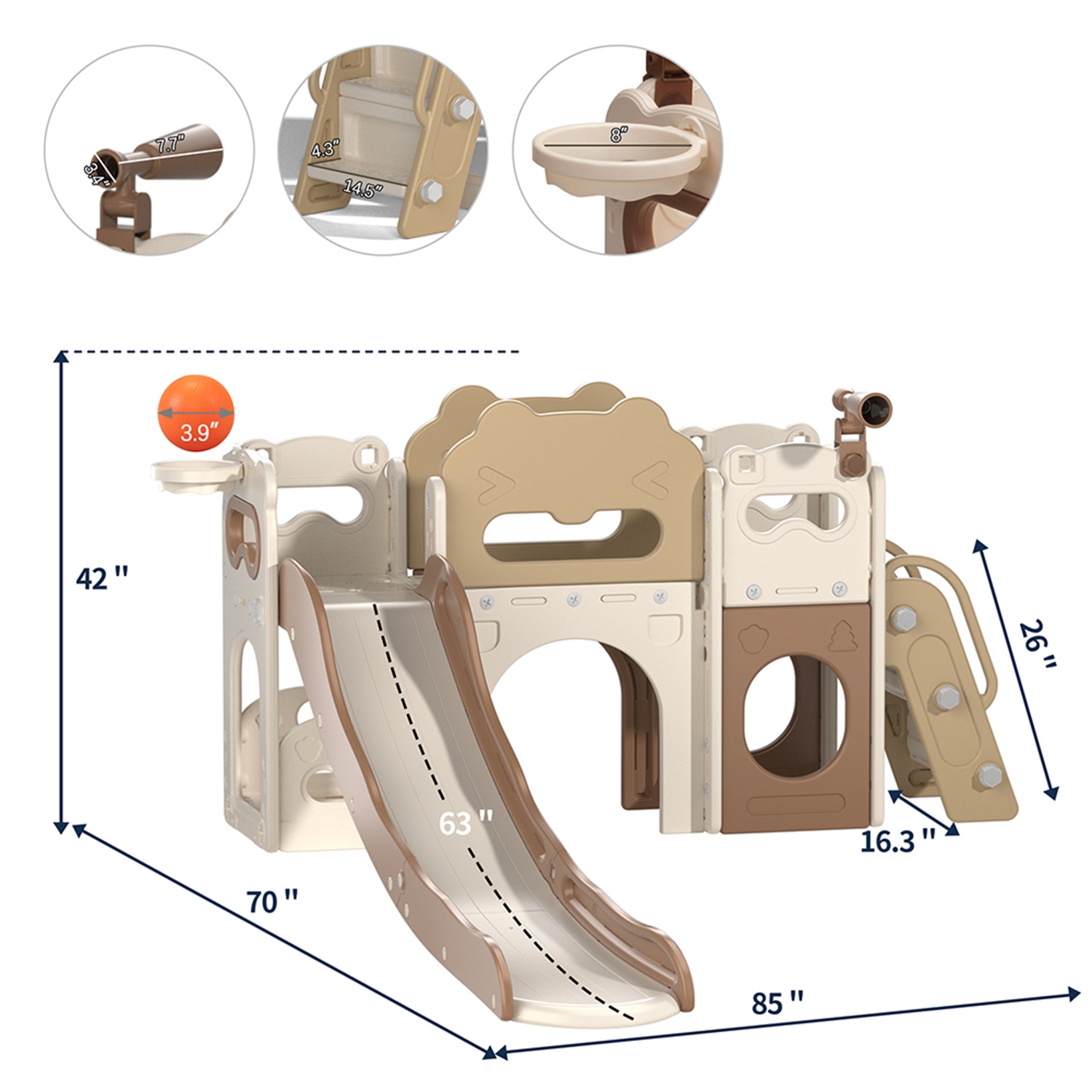 CIPACHO 85' Toddler Slide Playset, Kids Slide and Climber Set with Basketball Hoop Telescope, Beige