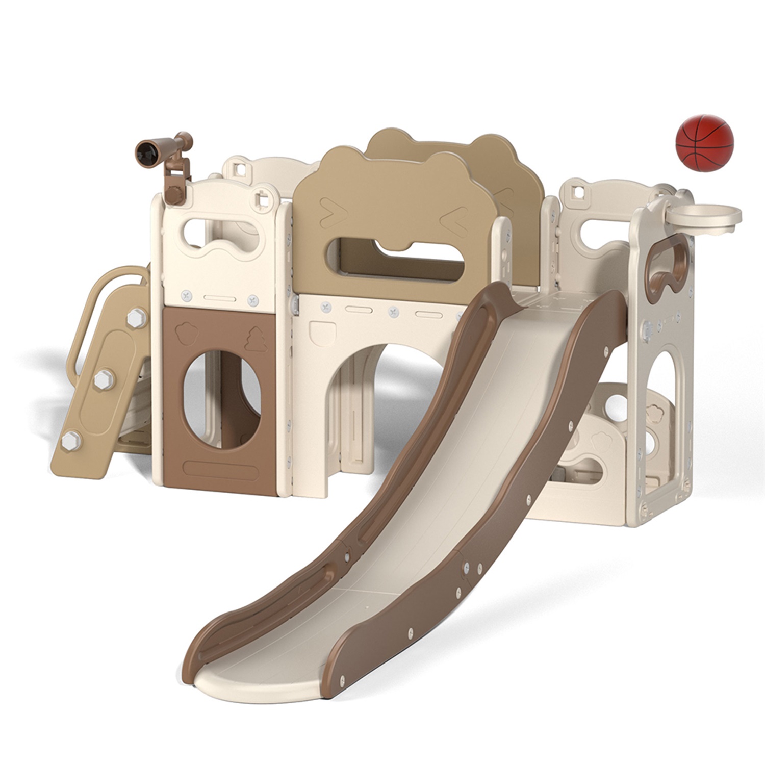 CIPACHO 85' Toddler Slide Playset, Kids Slide and Climber Set with Basketball Hoop Telescope, Beige