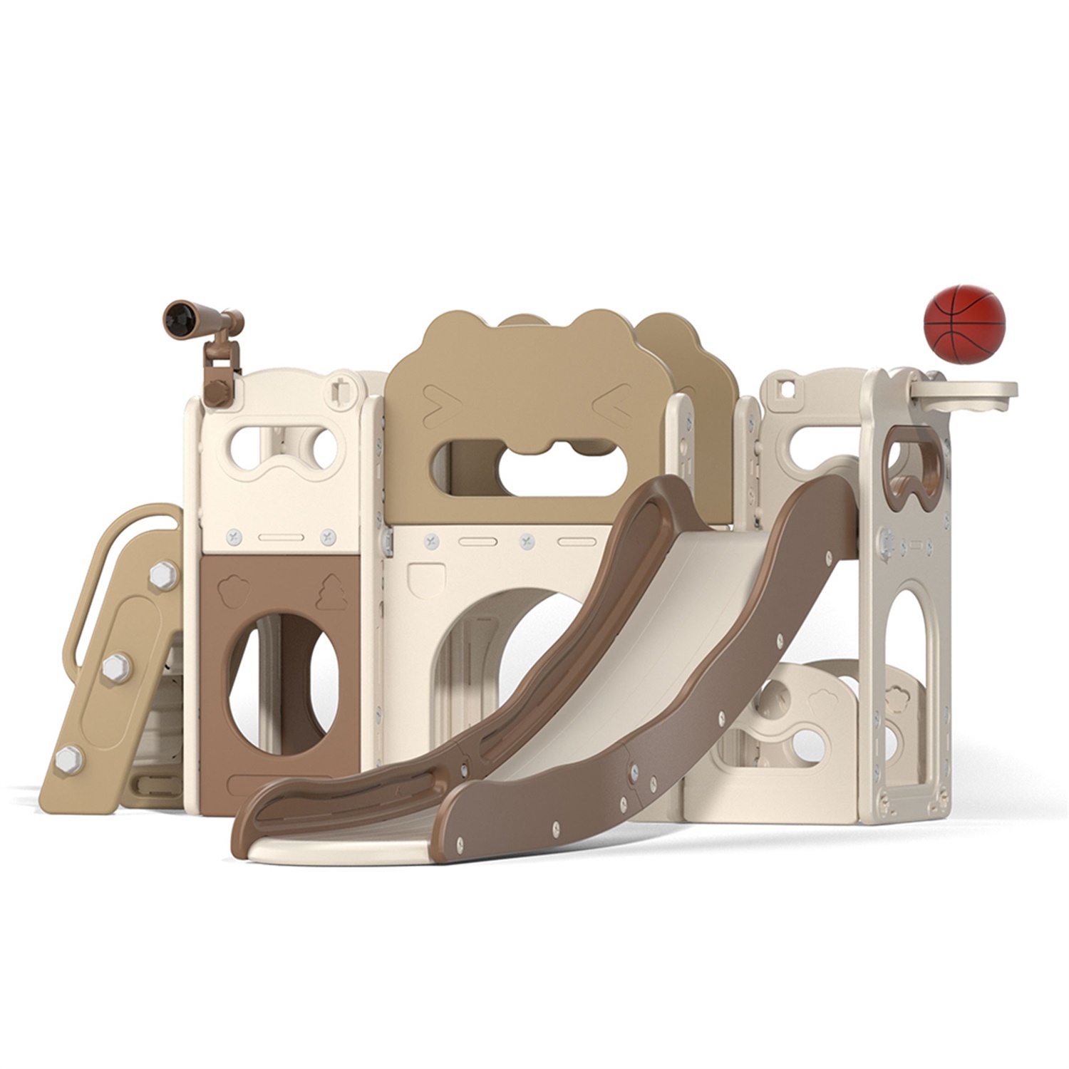 CIPACHO 85' Toddler Slide Playset, Kids Slide and Climber Set with Basketball Hoop Telescope, Beige