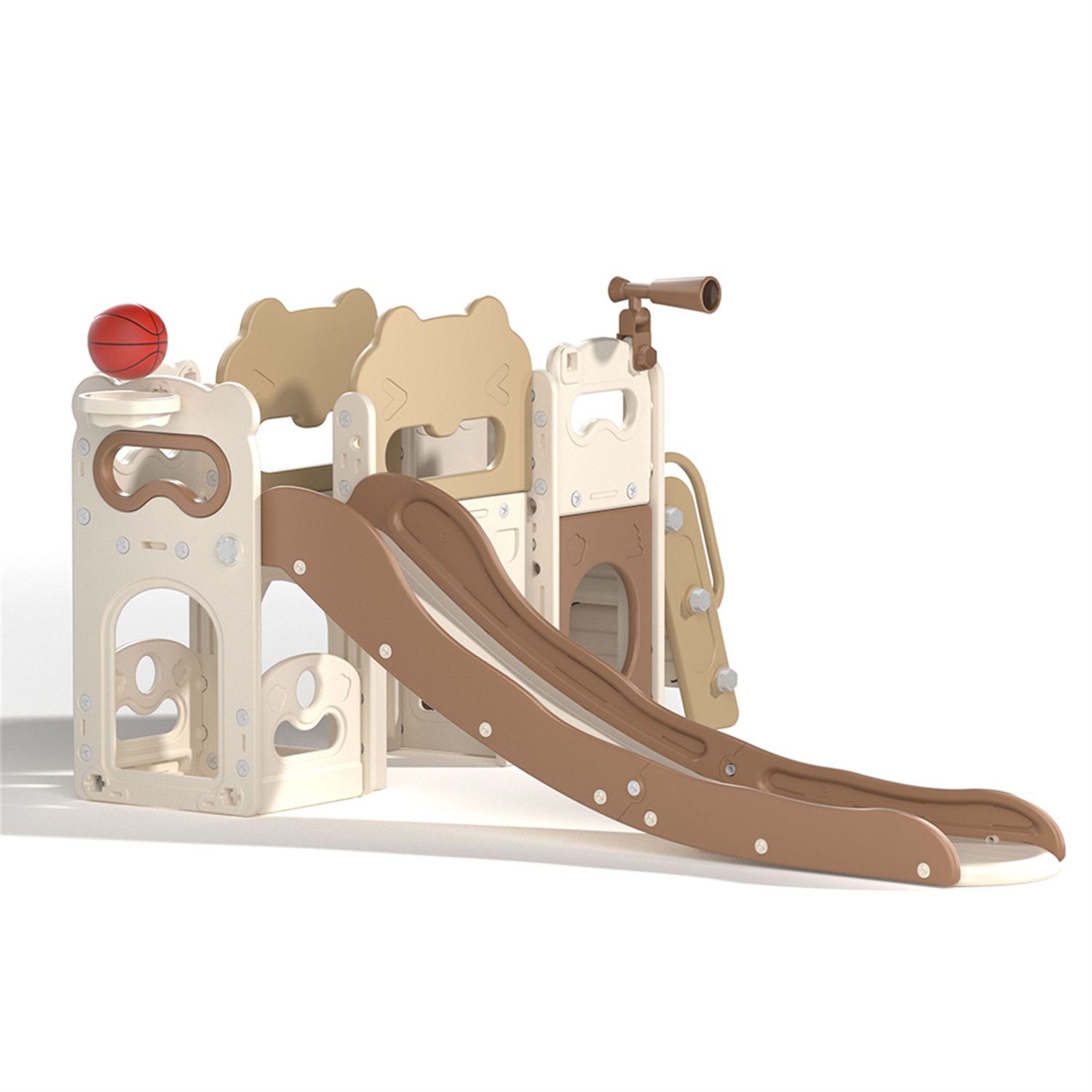 CIPACHO 85' Toddler Slide Playset, Kids Slide and Climber Set with Basketball Hoop Telescope, Beige