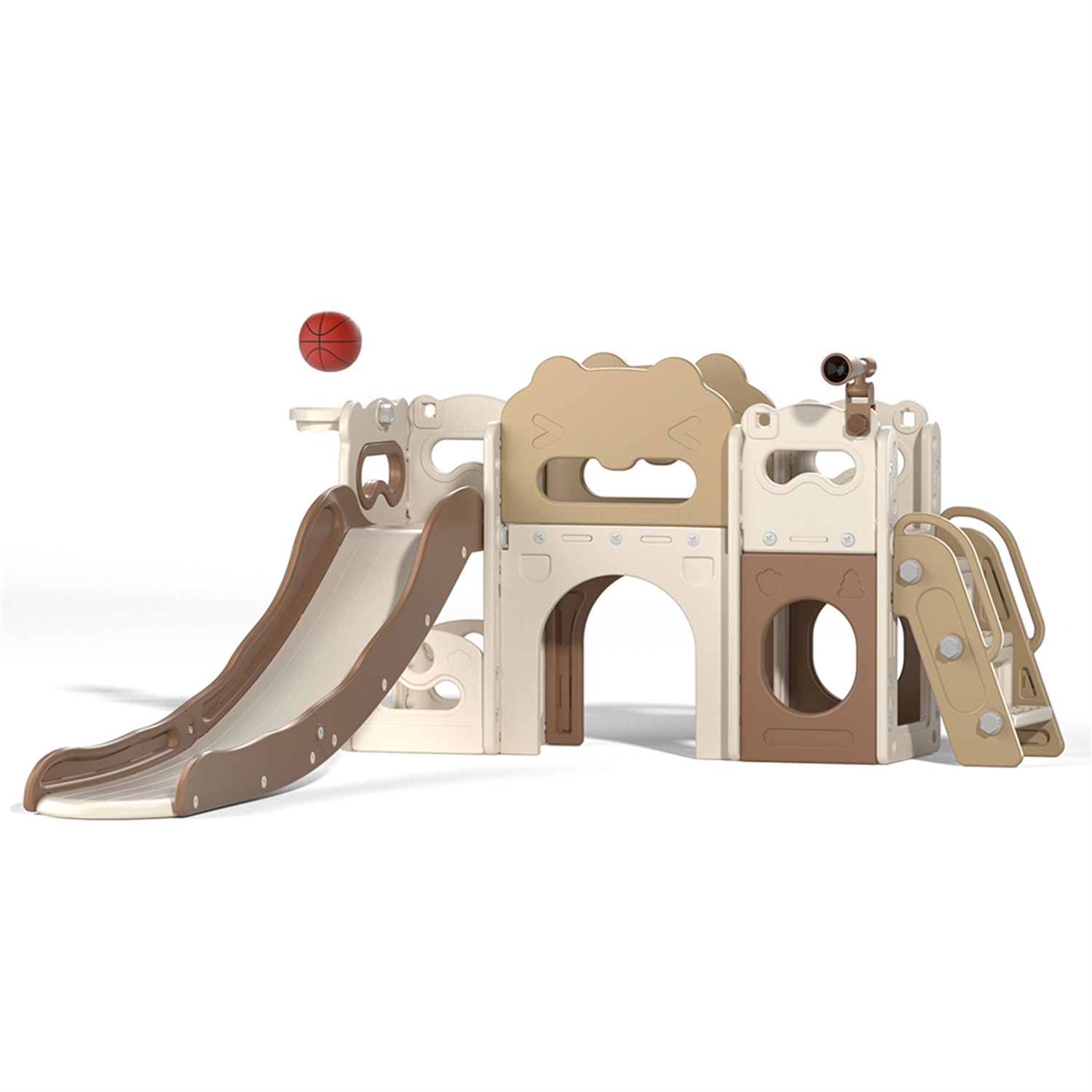 CIPACHO 85' Toddler Slide Playset, Kids Slide and Climber Set with Basketball Hoop Telescope, Beige