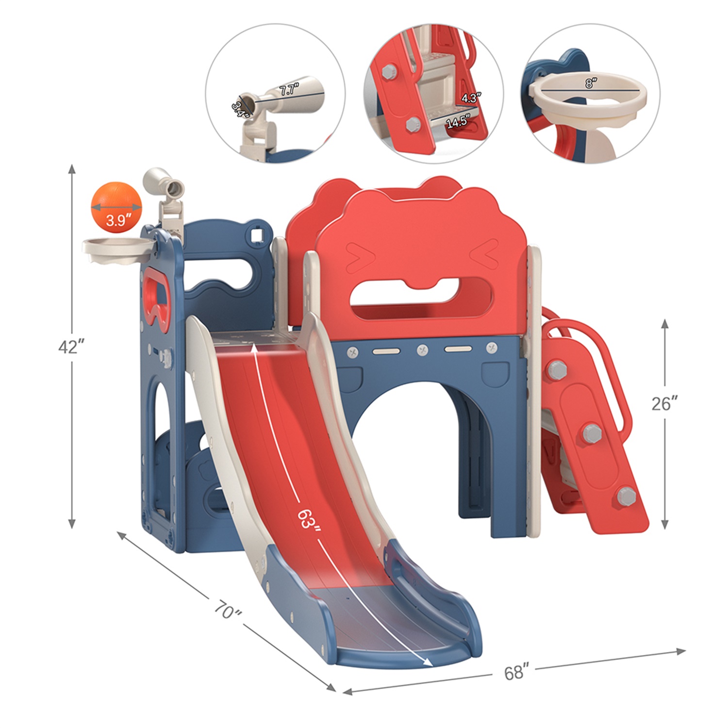 CIPACHO 68' Toddler Slide Playset, Kids Slide and Climber Set with Basketball Hoop Telescope, Red