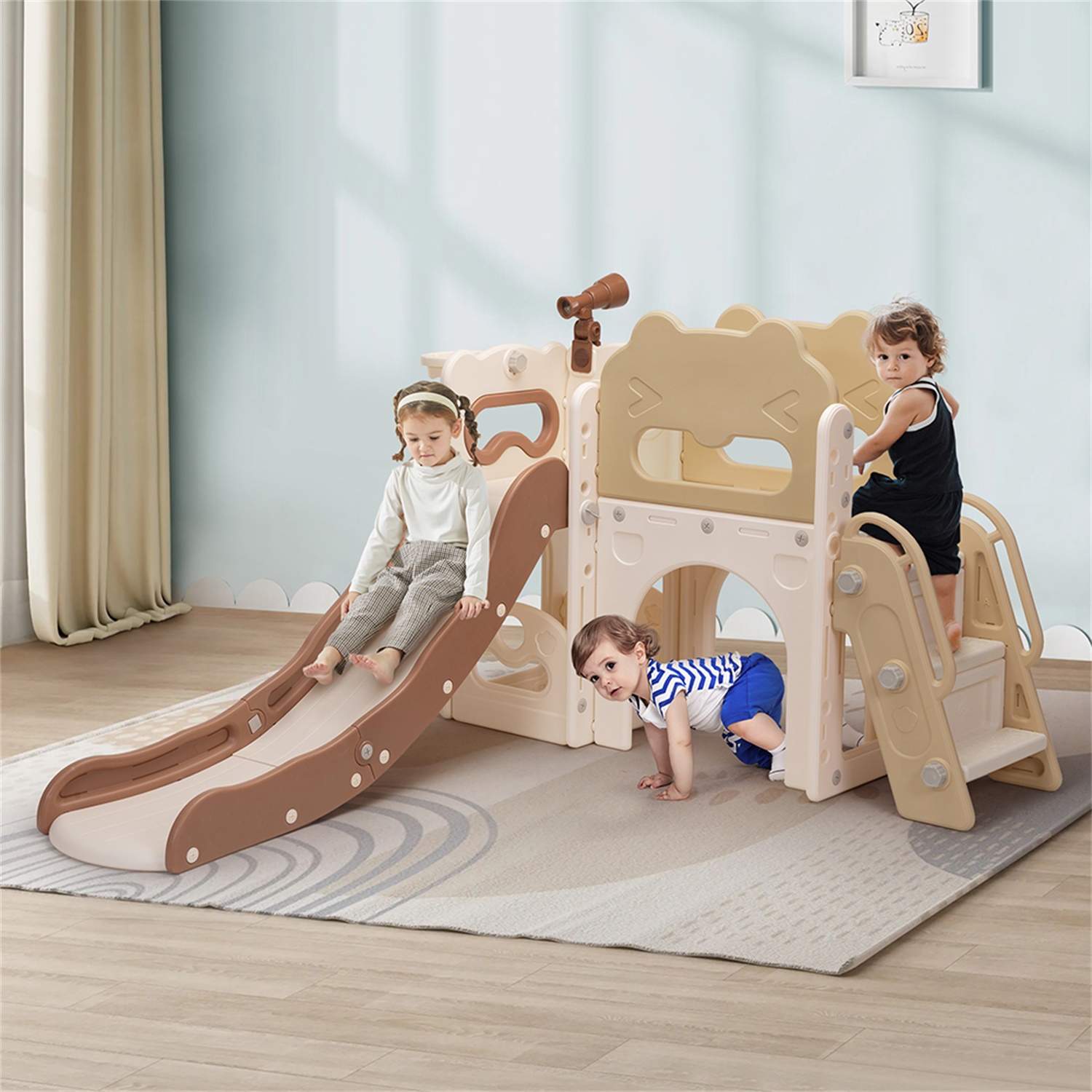 CIPACHO 68' Toddler Slide Playset, Kids Slide and Climber Set with Basketball Hoop Telescope, Beige