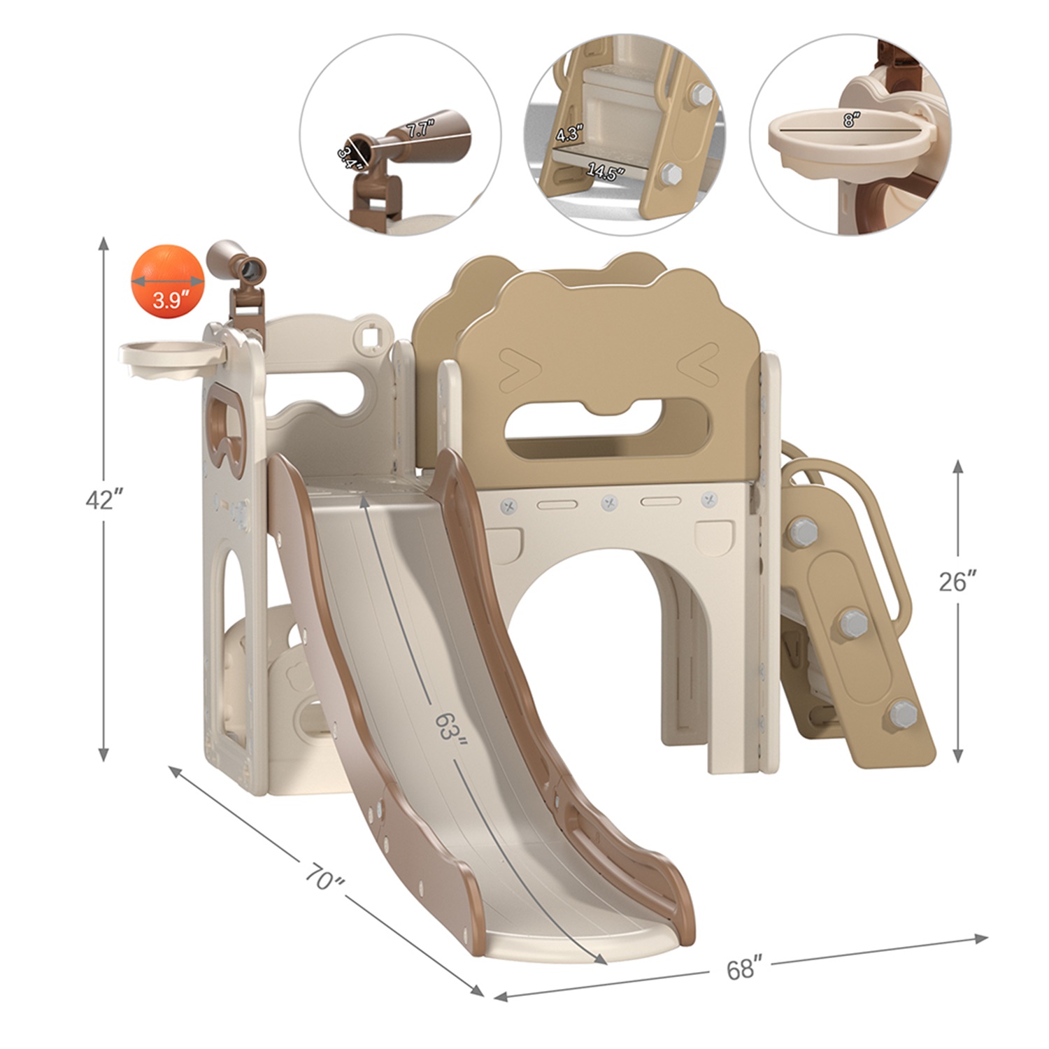 CIPACHO 68' Toddler Slide Playset, Kids Slide and Climber Set with Basketball Hoop Telescope, Beige