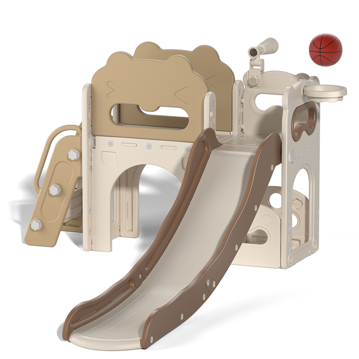 CIPACHO 68' Toddler Slide Playset, Kids Slide and Climber Set with Basketball Hoop Telescope, Beige