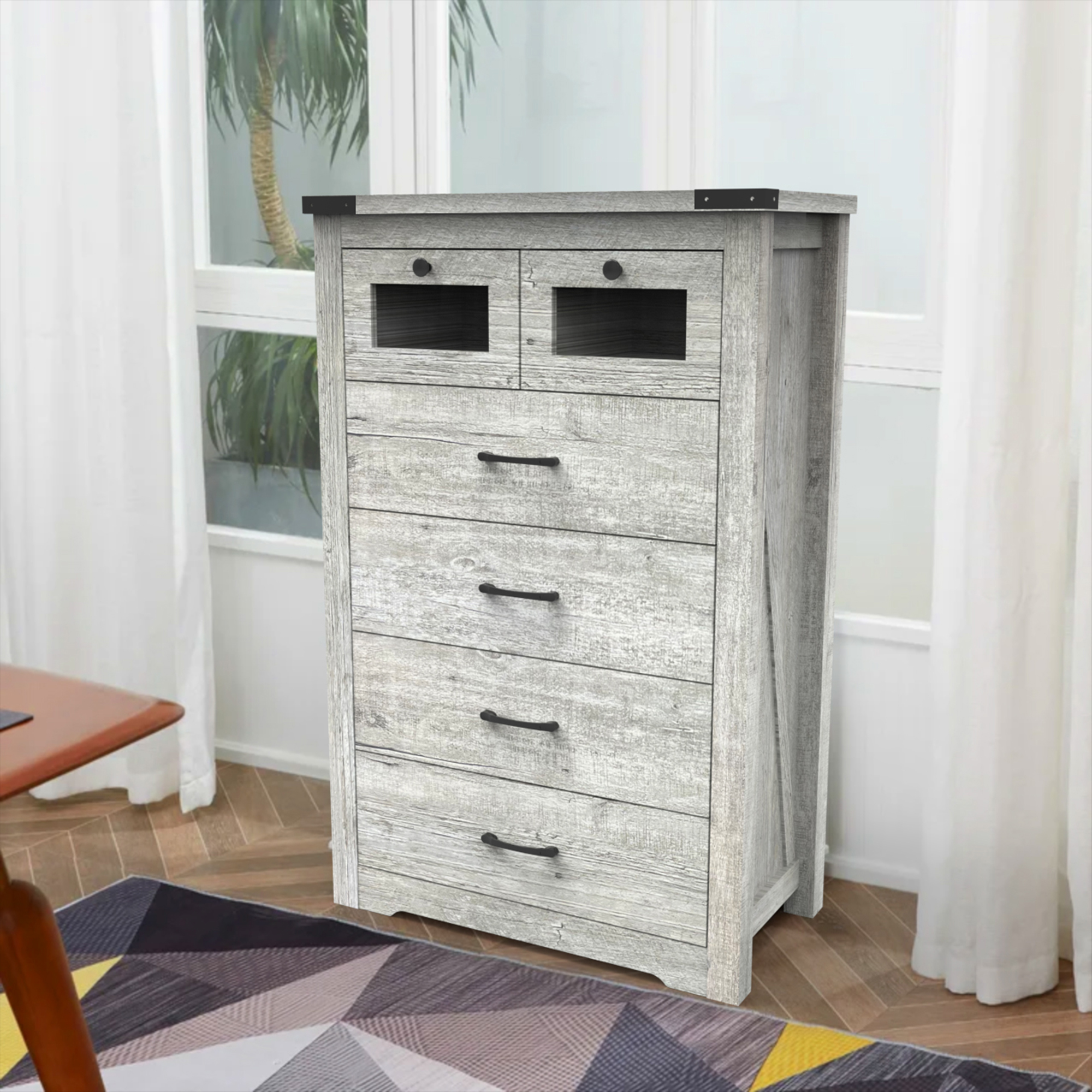 Kadyn 46" Chest of Drawers, Sideboard Buffet Cabinet with 6 Drawers and LED Light, Dresser for Bedroom, Cement Grey