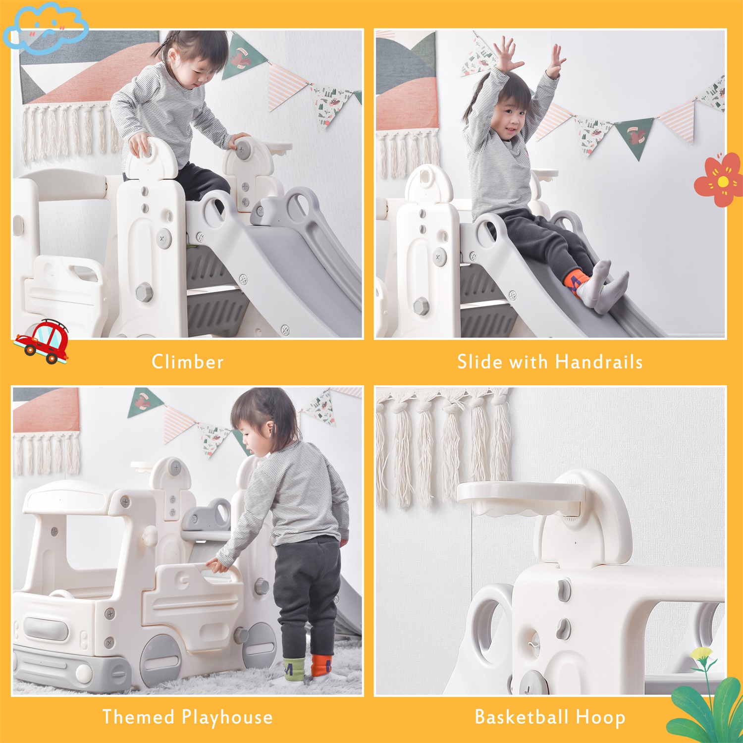 CIPACHO Kids Slide Set, Bus Climber Slide Toys with Basketball Hoop for Toddlers Age 1-5, Gray