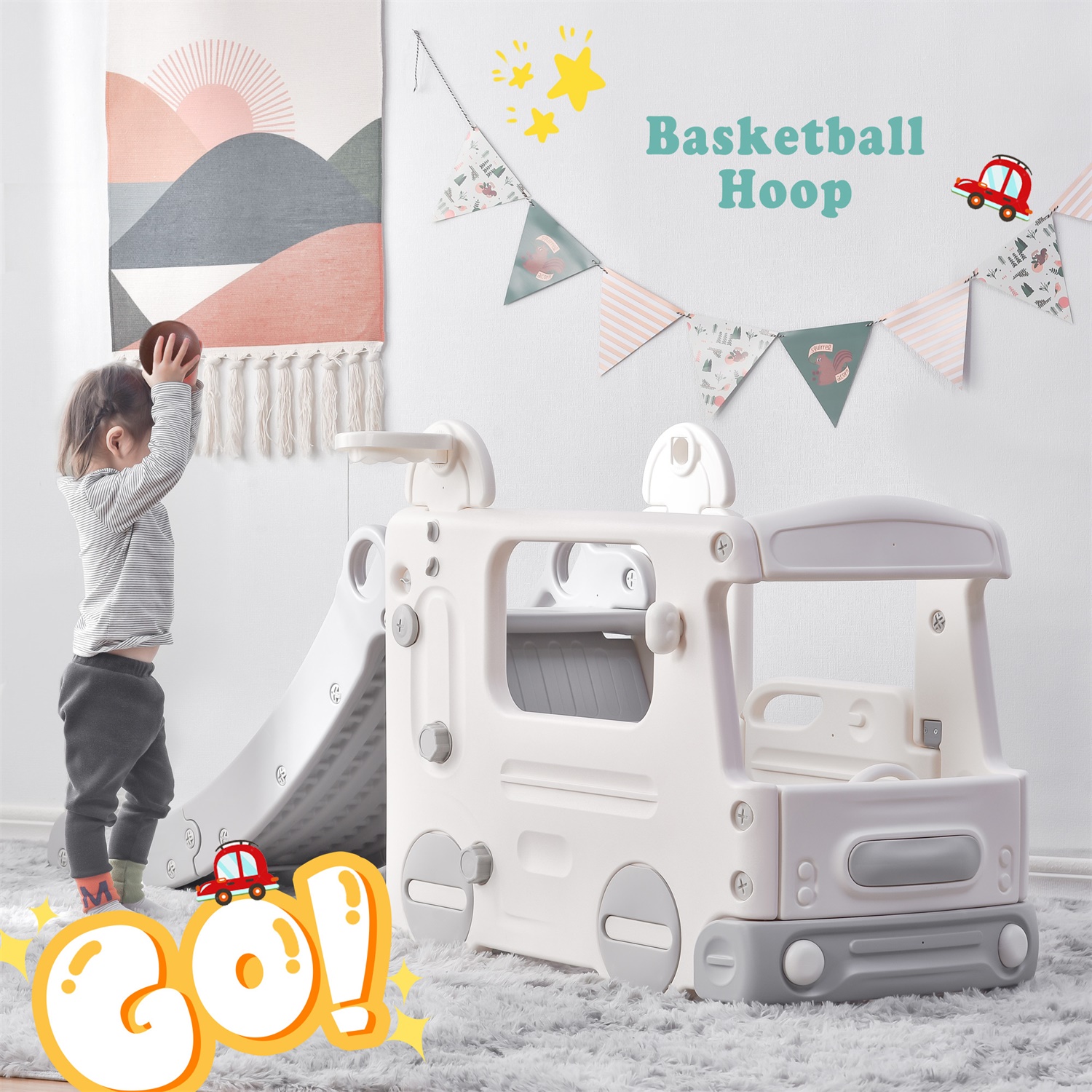 CIPACHO Kids Slide Set, Bus Climber Slide Toys with Basketball Hoop for Toddlers Age 1-5, Gray