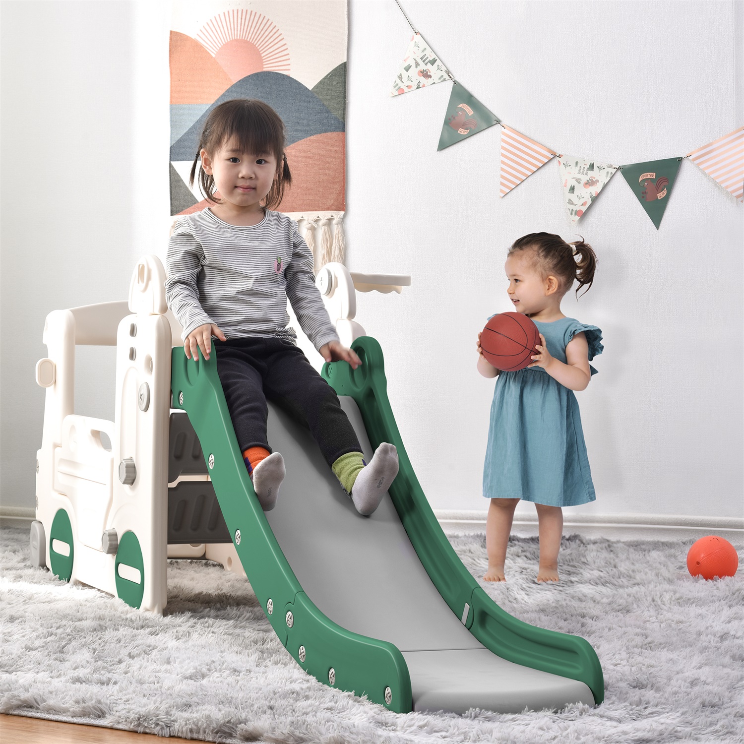 CIPACHO Kids Slide Set 4-in-1, Bus Climber Slide Toys with Basketball Hoop for Age 1-5, Green