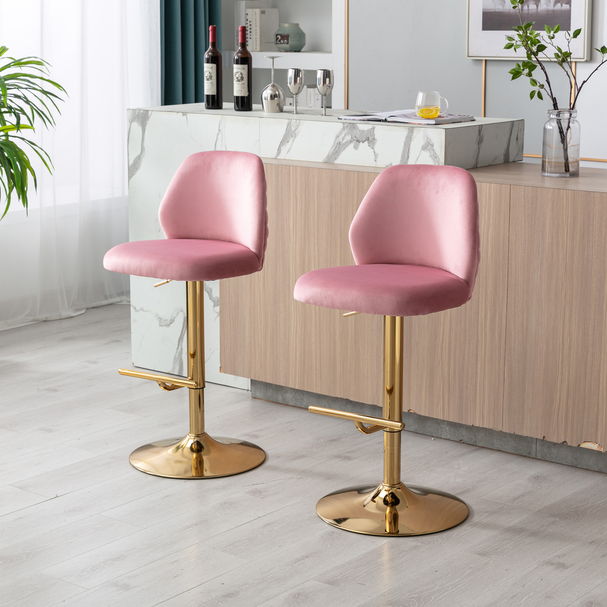 Kadyn Swivel Bar Stools Chair Set of 2, Adjustable Counter Height Barstools with Tufted High Back & Ring Pull, Pink