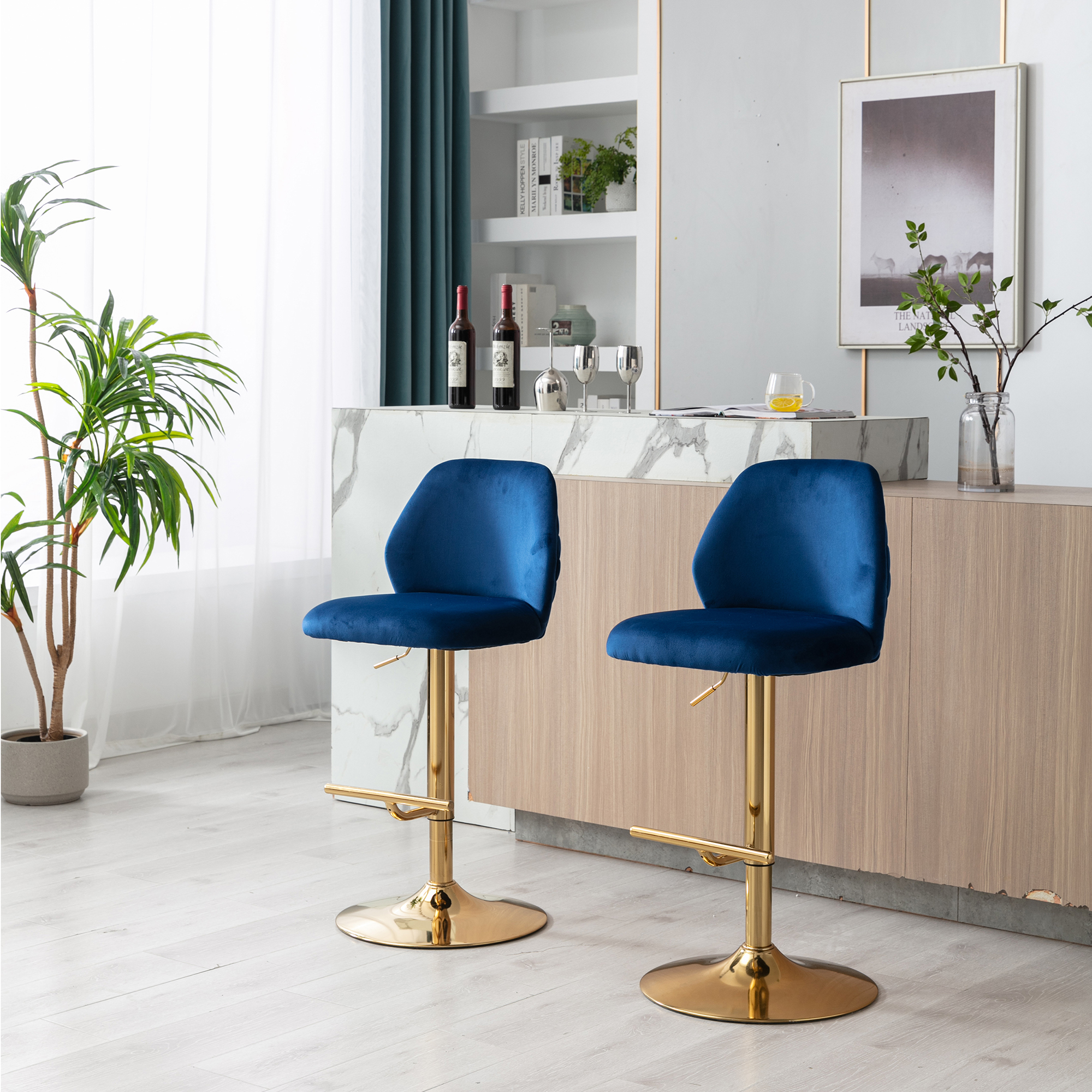 Kadyn Swivel Bar Stools Chair Set of 2, Adjustable Counter Height Barstools with Tufted High Back & Ring Pull, Navy Blue