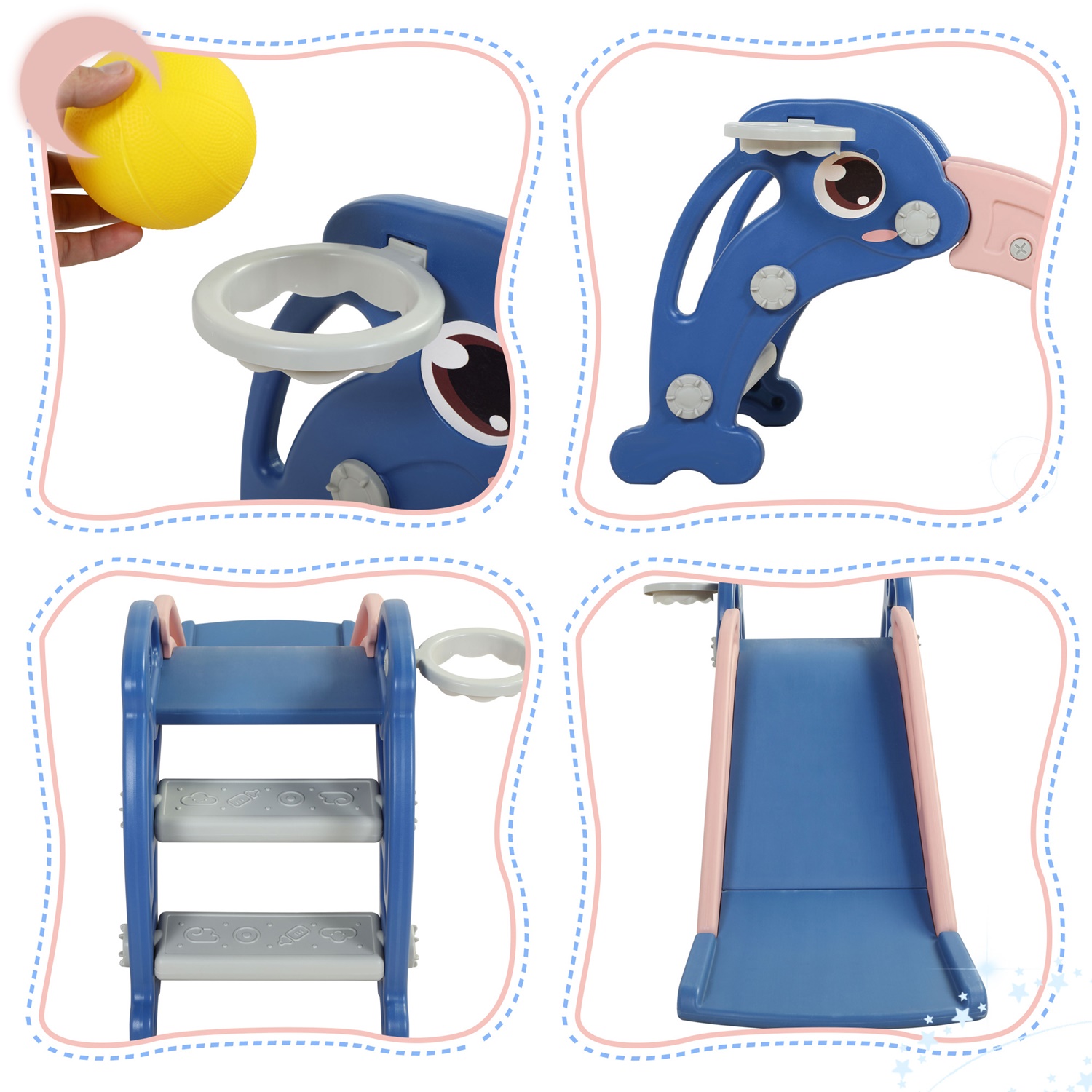 CIPACHO Kids Folding Slide Set, Dolphin Pattern Toys, Indoor Outdoor Toddler Playground with Basketball Hoop, Ball, Blue