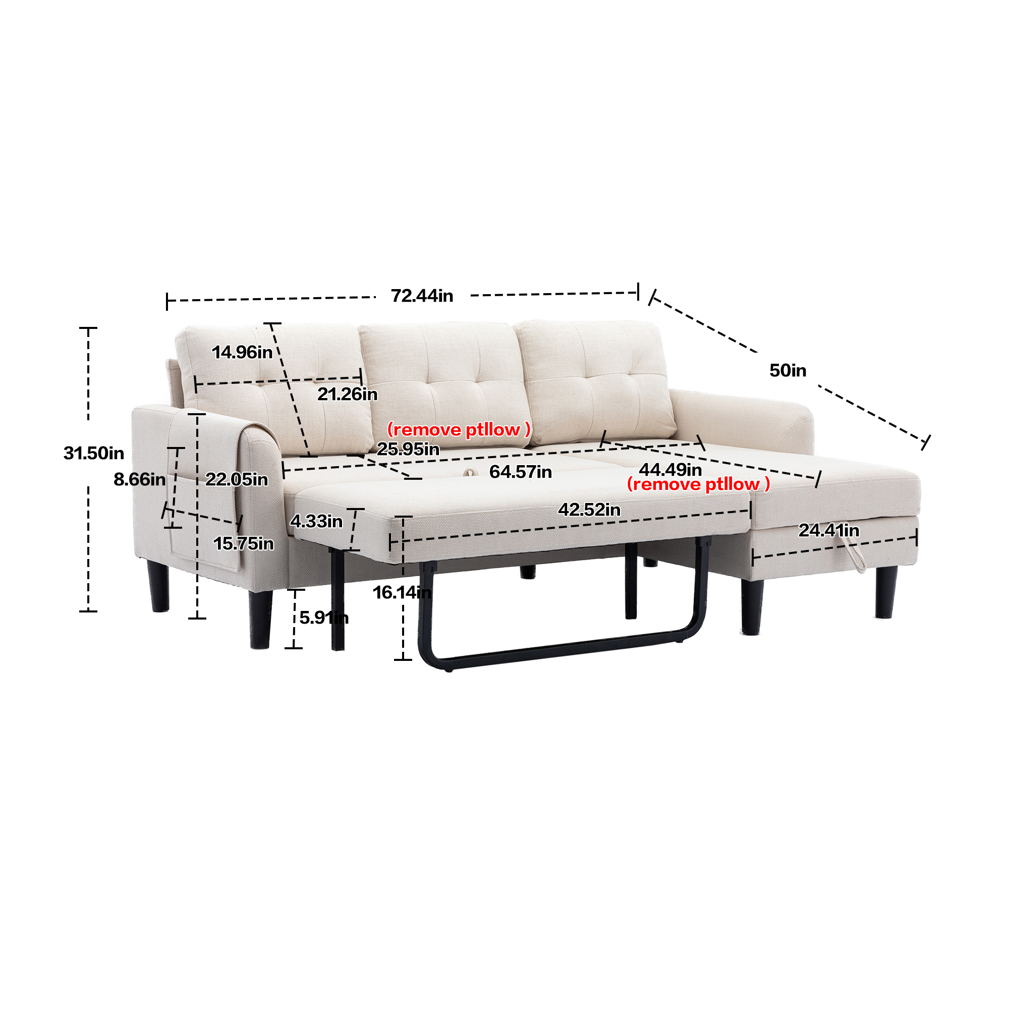 Resenkos L Shaped 4-Seat Sleeper Sectional Sofa Couch Pull-Out Bed and Storage Chaise Lounge, Beige