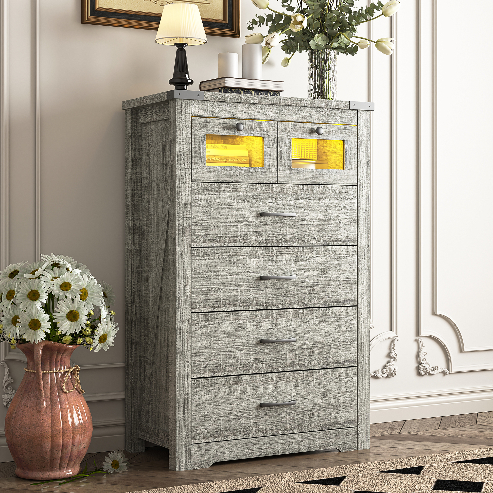 Spaco LED Dresser for Bedroom 6 Drawers Dresser Chest of Drawer Bedroom Furniture, Gray Rustic Finish