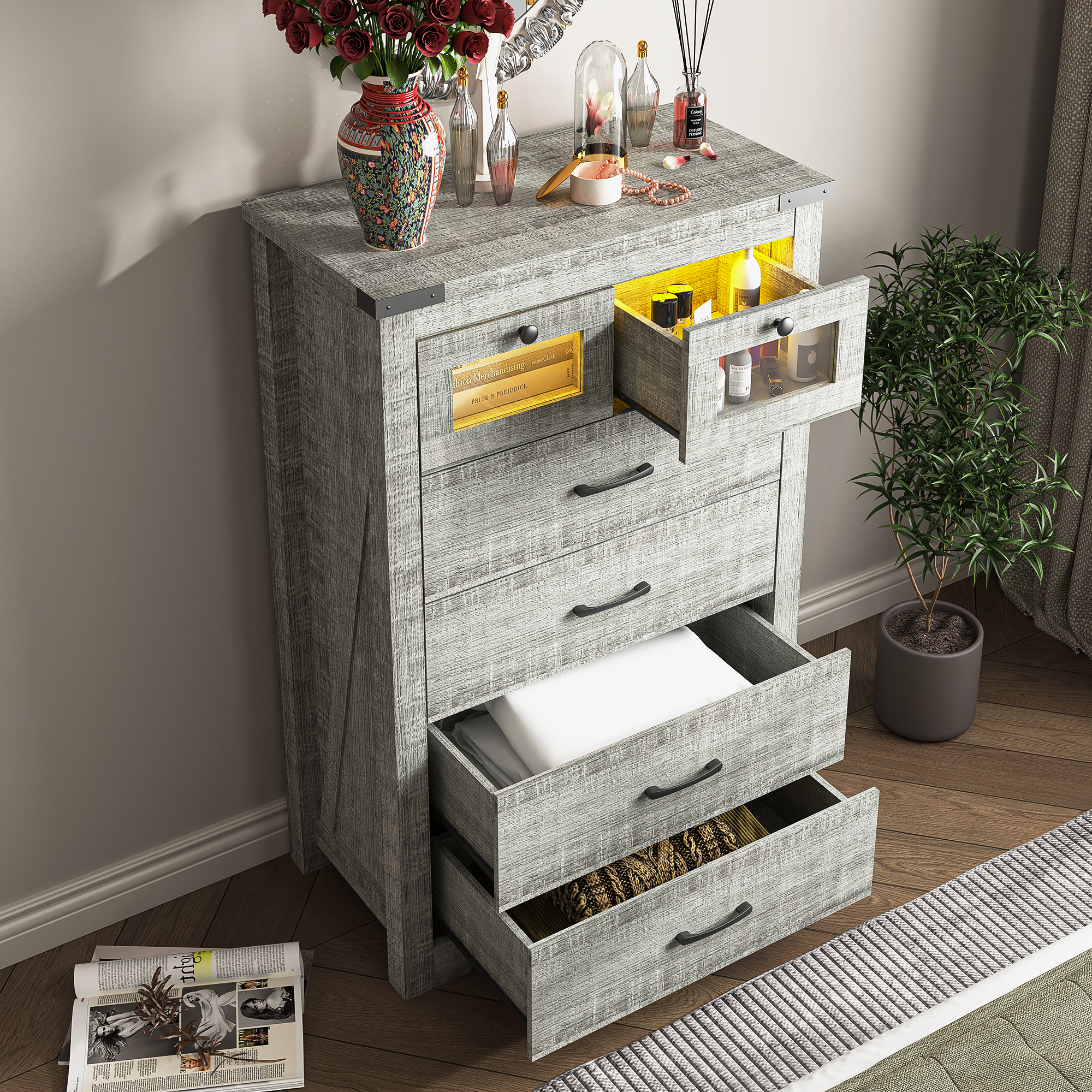 Spaco LED Dresser for Bedroom 6 Drawers Dresser Chest of Drawer Bedroom Furniture, Gray Rustic Finish