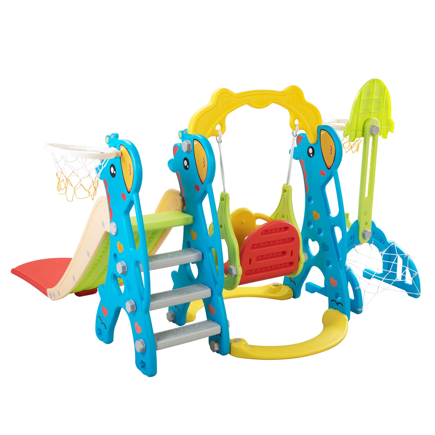 CIPACHO 5 in 1 Kids Slide and Swing Set with 2 Basketball Hoops, Football, Ringtoss for Toddlers 1-8 Years, Blue