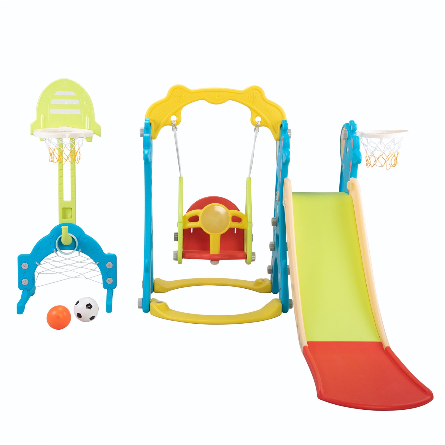 CIPACHO 5 in 1 Kids Slide and Swing Set with 2 Basketball Hoops, Football, Ringtoss for Toddlers 1-8 Years, Blue