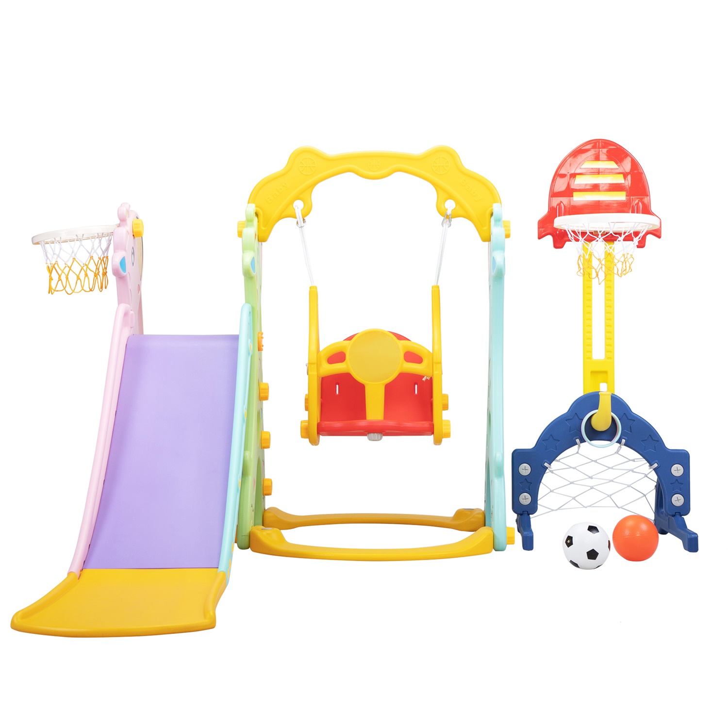 CIPACHO 5 in 1 Kids Slide and Swing Set with 2 Basketball Hoops, Football, Ringtoss, Indoor Outdoor, Red + Yellow