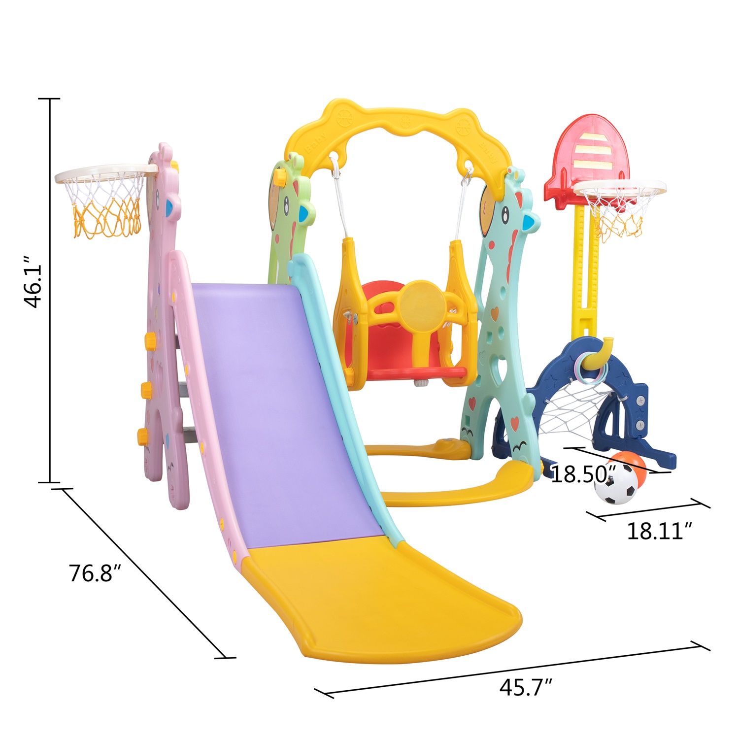 CIPACHO 5 in 1 Kids Slide and Swing Set with 2 Basketball Hoops, Football, Ringtoss for Toddlers 1-8 Years, Red + Yellow