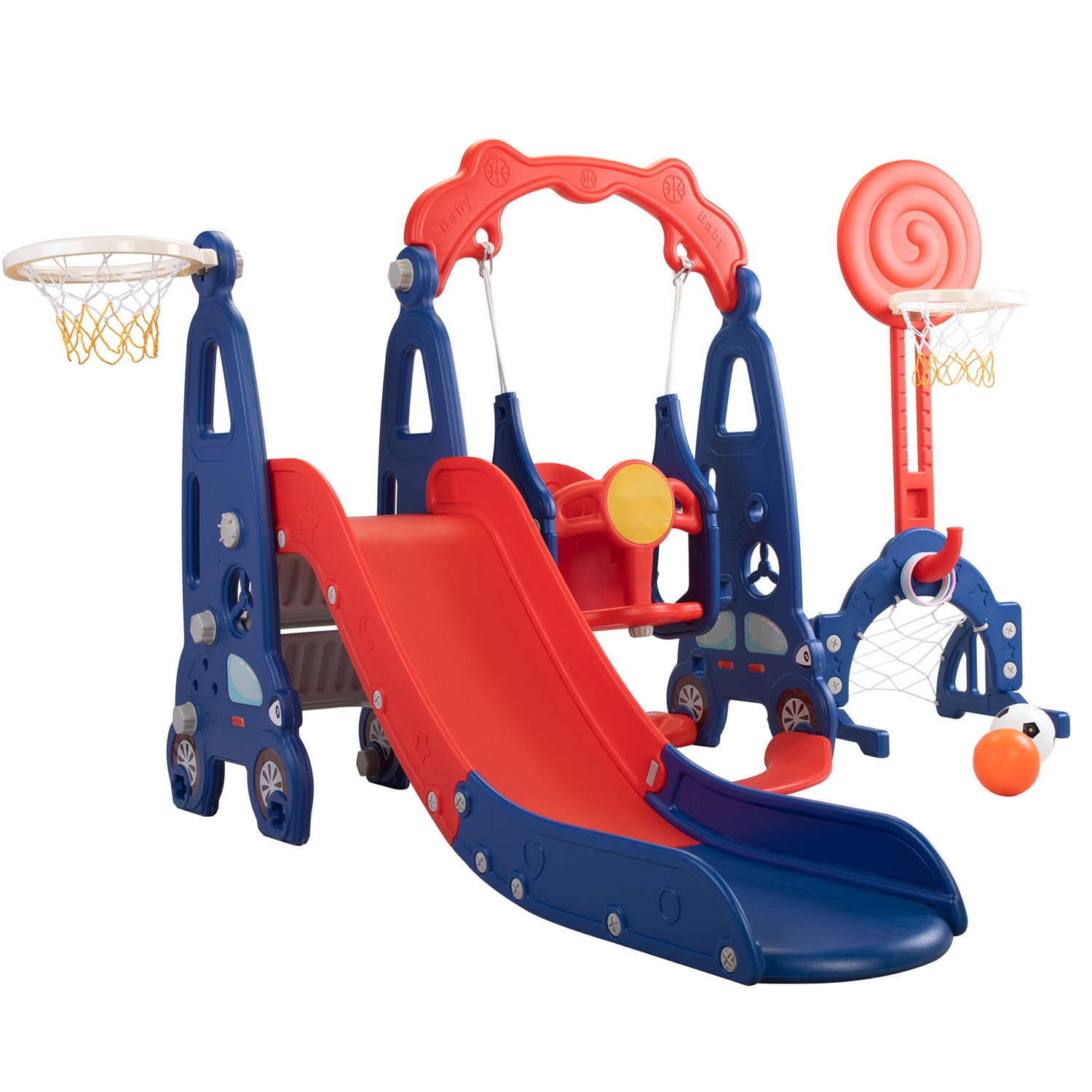 CIPACHO 5 in 1 Kids Slide and Swing Set with 2 Basketball Hoops, Football, Ringtoss, Indoor Outdoor, Red