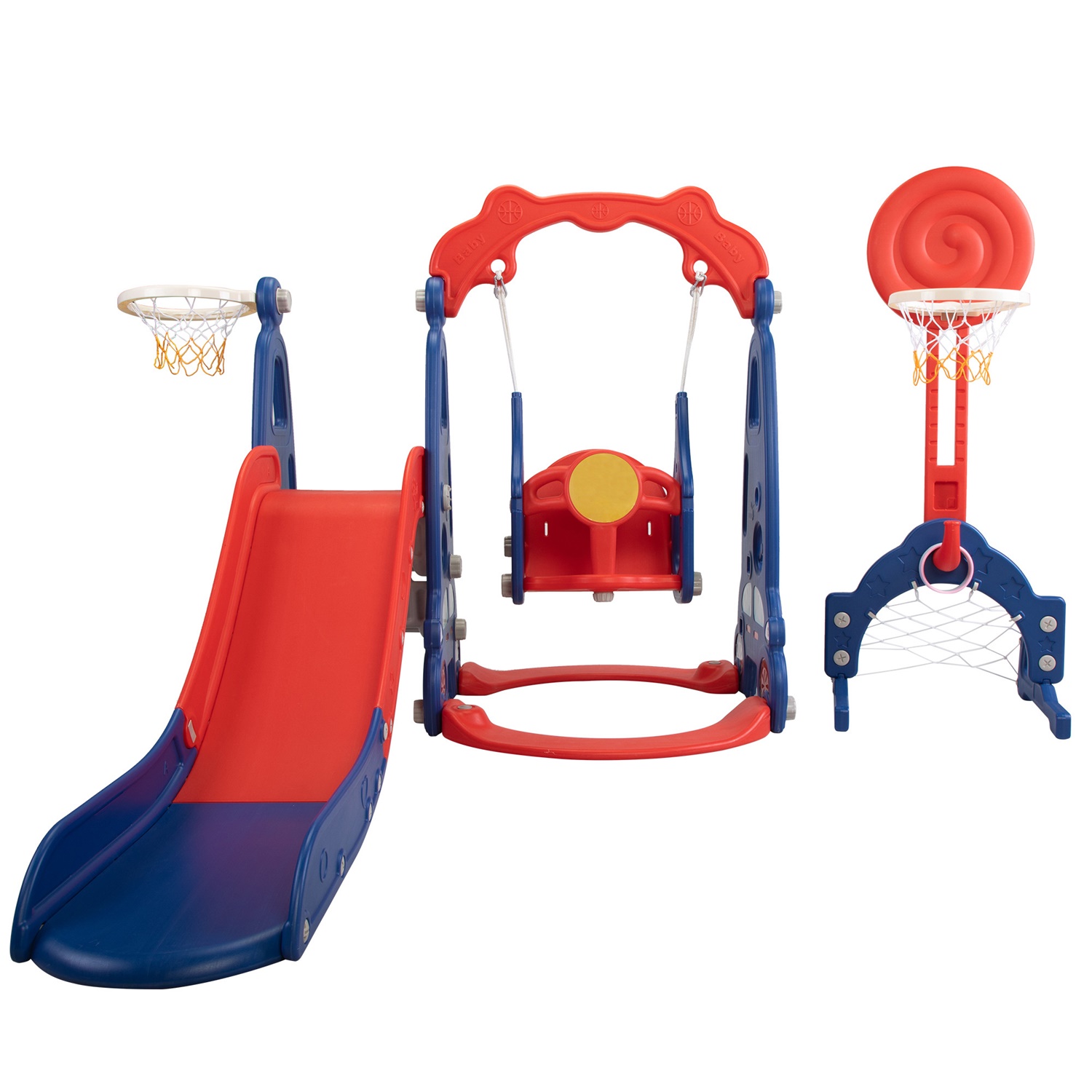 CIPACHO 5 in 1 Kids Slide and Swing Set with 2 Basketball Hoops, Football, Ringtoss, Indoor Outdoor, Red