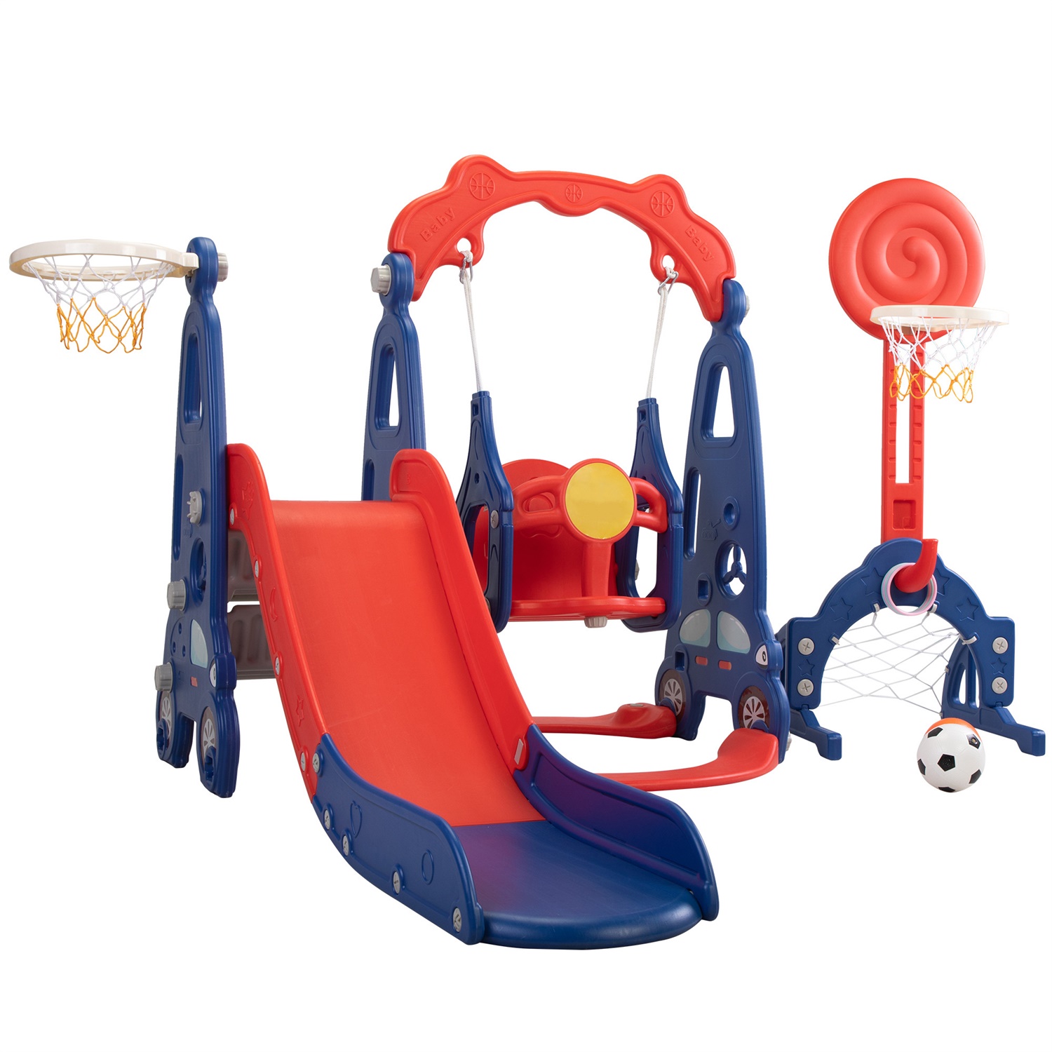 CIPACHO 5 in 1 Kids Slide and Swing Set with 2 Basketball Hoops, Football, Ringtoss, Indoor Outdoor, Red