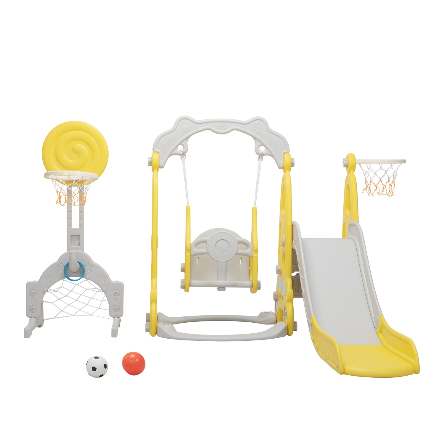 CIPACHO 5 in 1 Kids Slide and Swing Set with 2 Basketball Hoops, Football, Ringtoss, Indoor Outdoor, Yellow