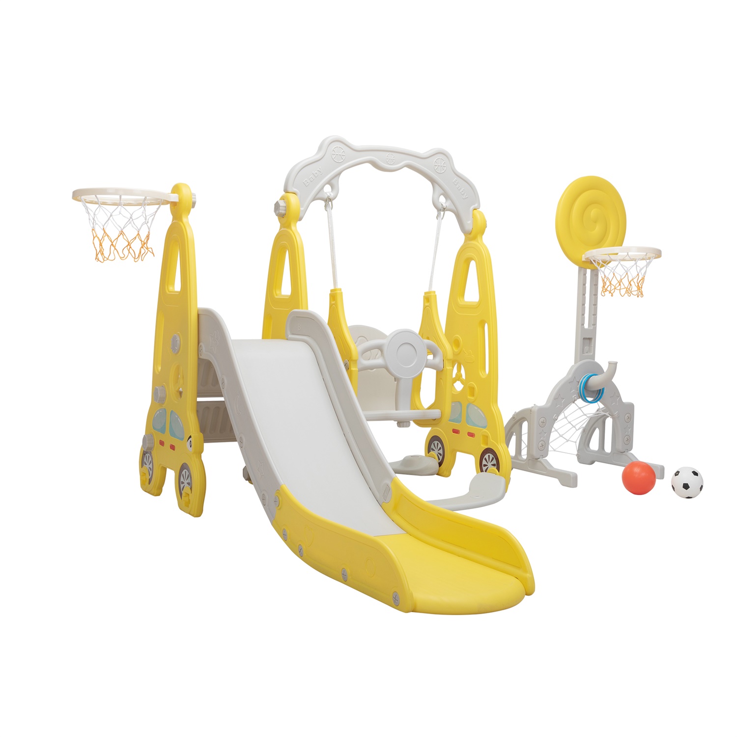 CIPACHO 5 in 1 Kids Slide and Swing Set with 2 Basketball Hoops, Football, Ringtoss, Indoor Outdoor, Yellow