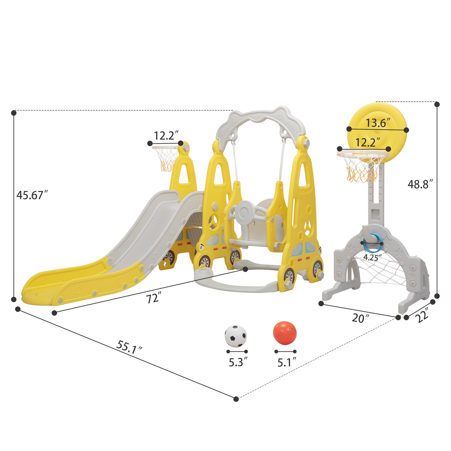 CIPACHO 5 in 1 Kids Slide and Swing Set with 2 Basketball Hoops, Football, Ringtoss, Indoor Outdoor, Yellow