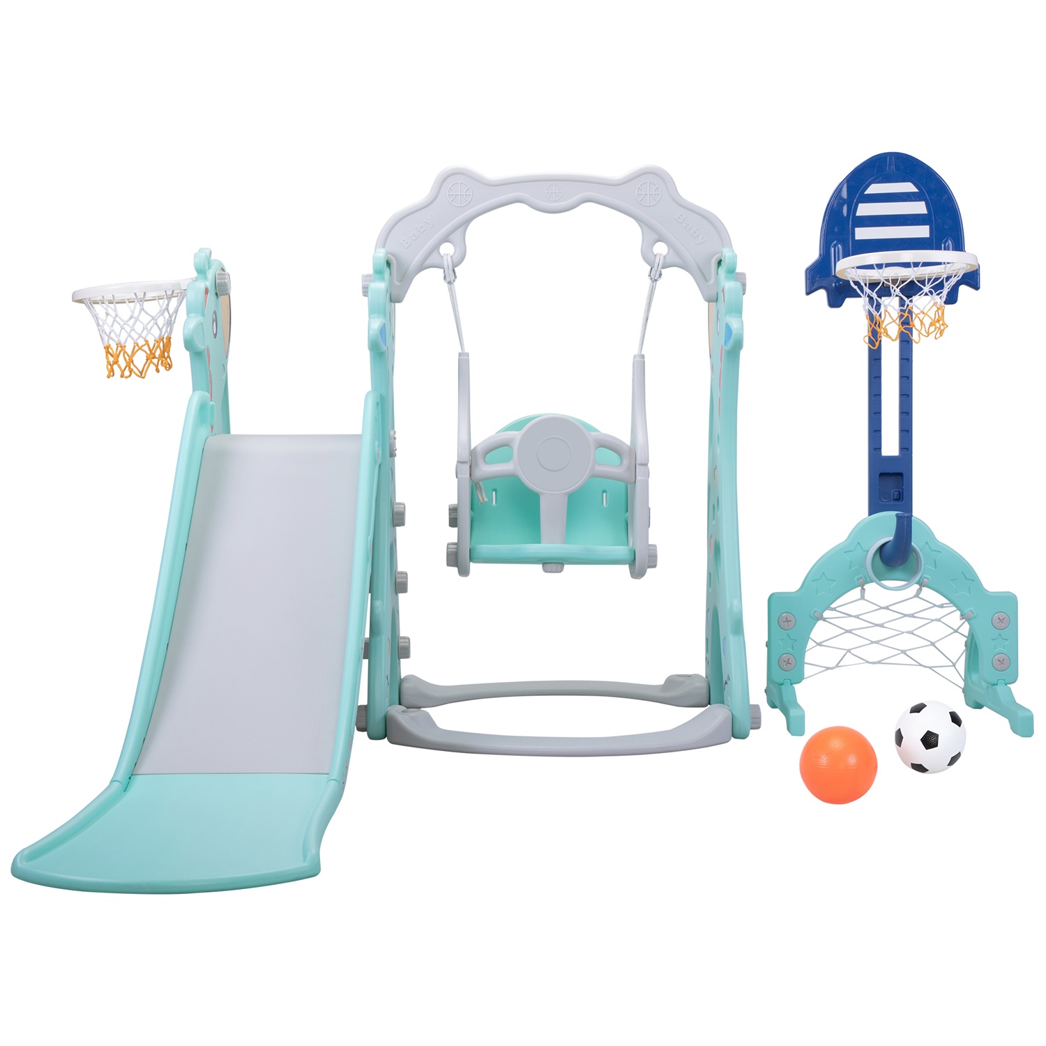 CIPACHO 5 in 1 Kids Slide and Swing Set with 2 Basketball Hoops, Football, Ringtoss, Indoor Outdoor, Green