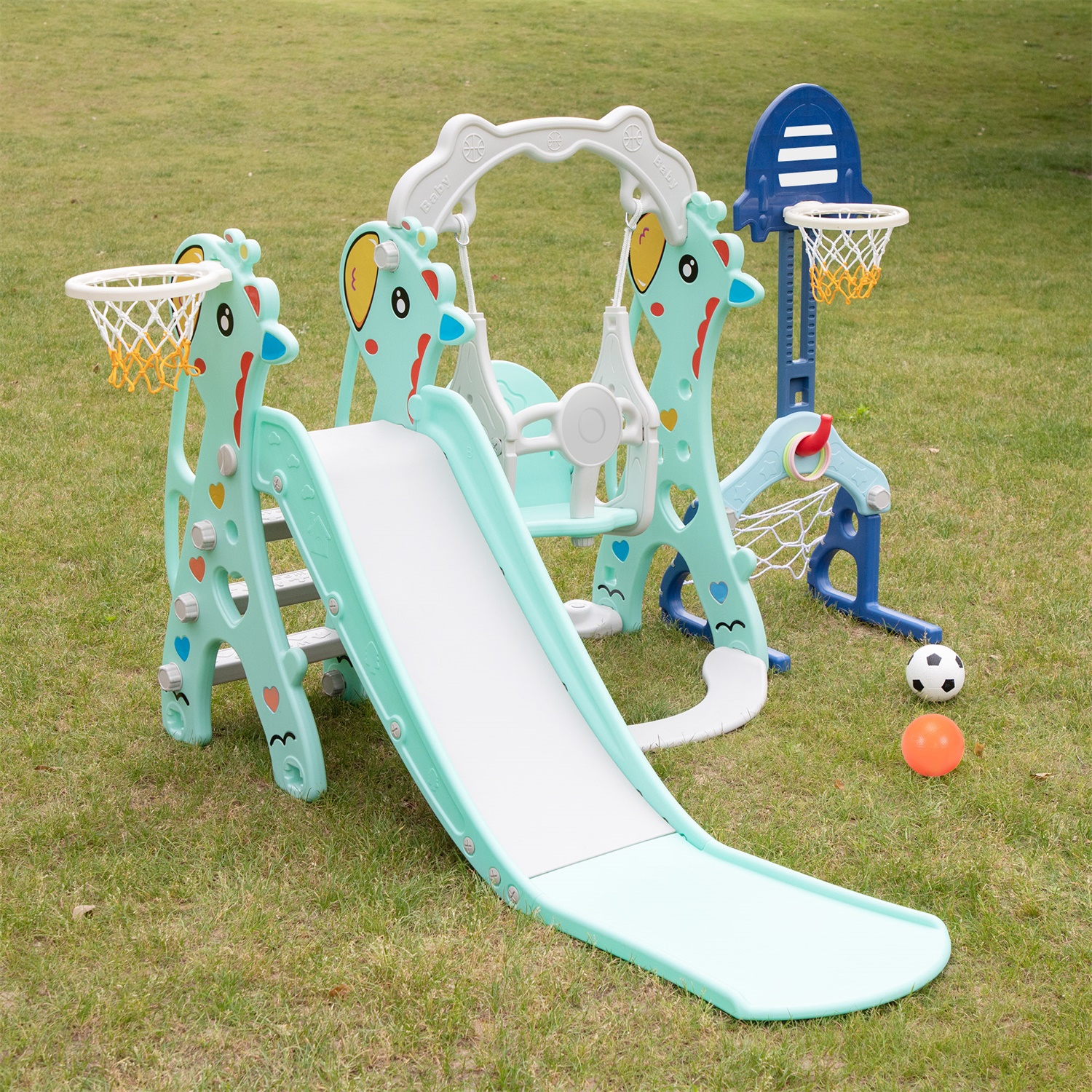 CIPACHO 5 in 1 Kids Slide and Swing Set with 2 Basketball Hoops, Football, Ringtoss, Indoor Outdoor, Green