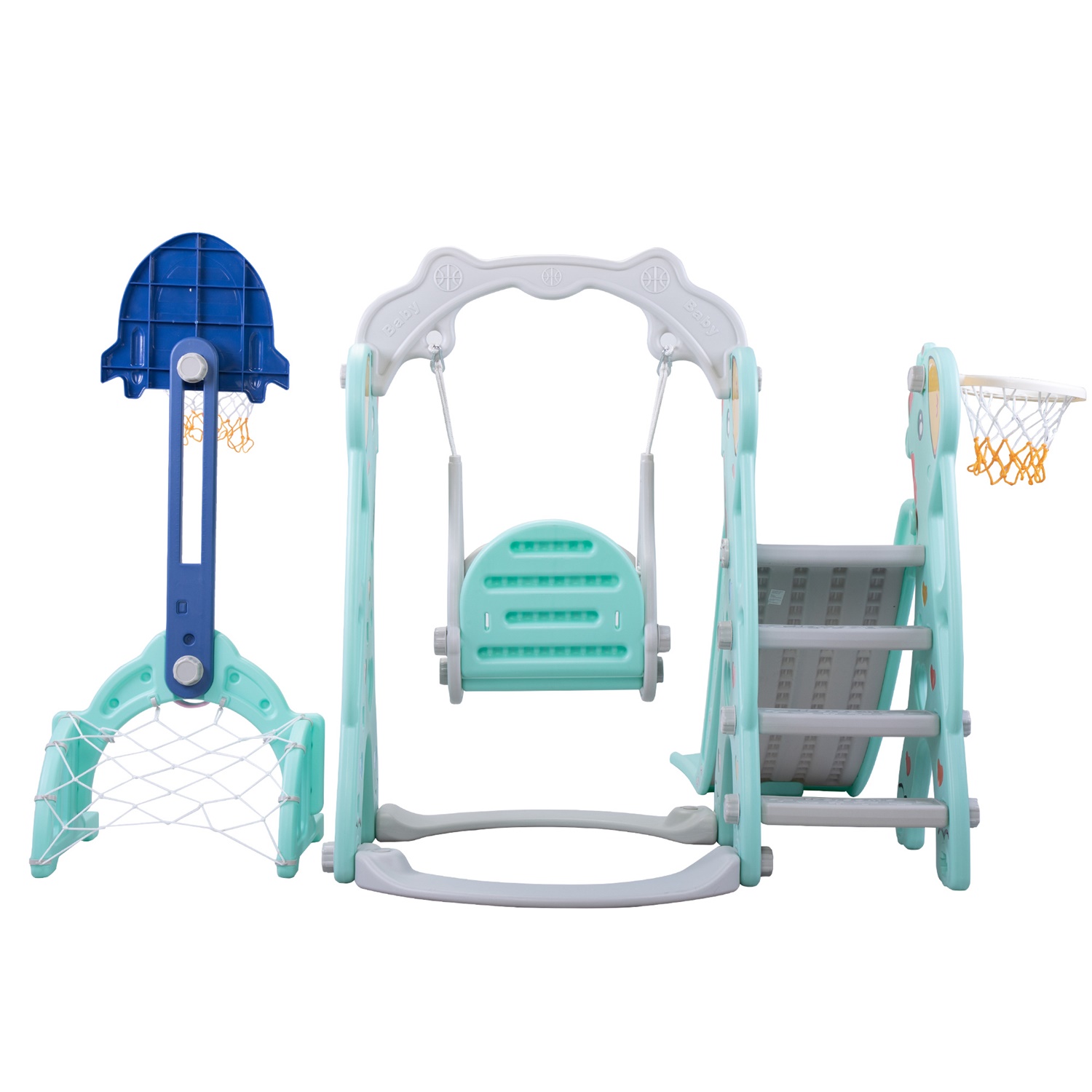 CIPACHO 5 in 1 Kids Slide and Swing Set with 2 Basketball Hoops, Football, Ringtoss for Toddlers 1-8 Years, Green