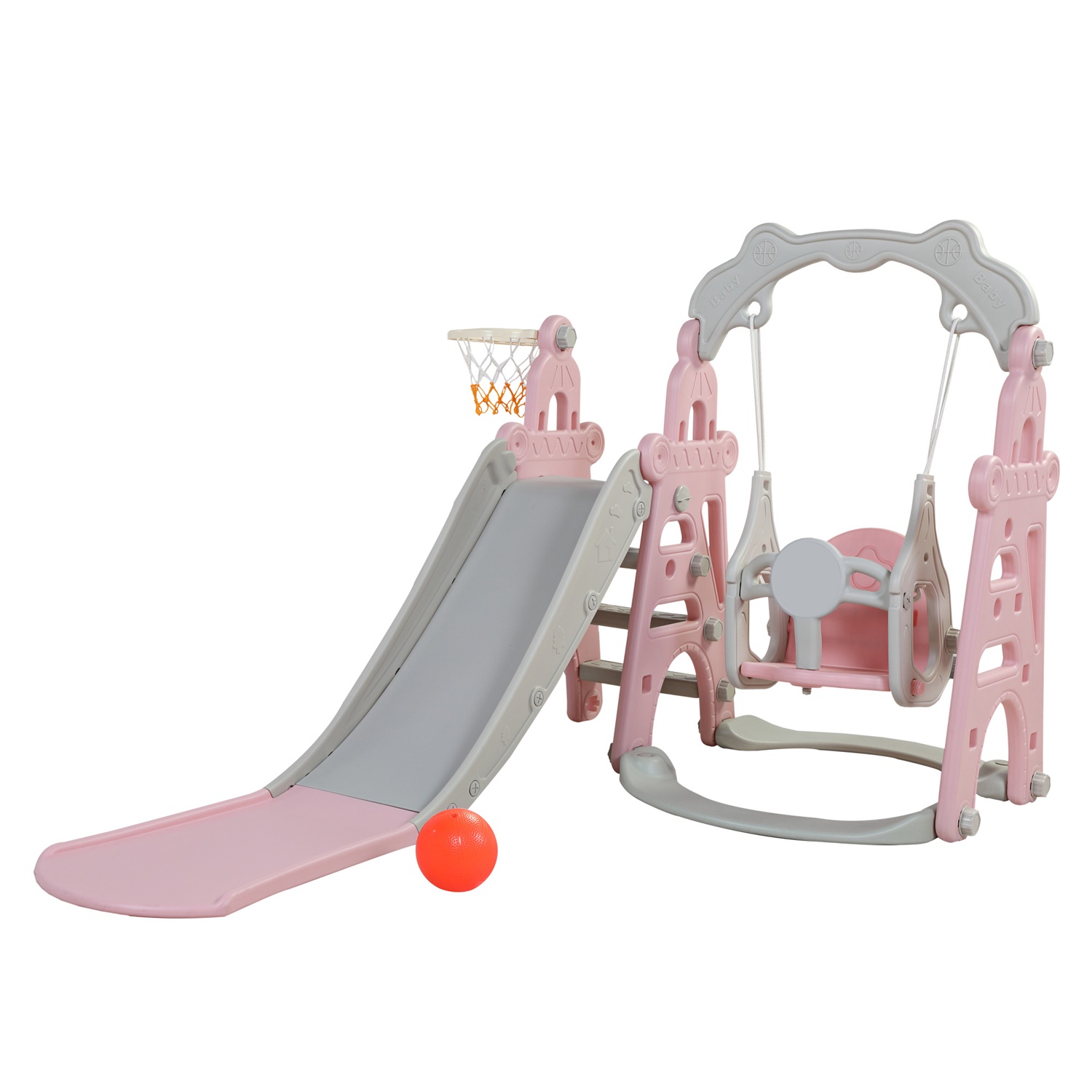 CIPACHO 3 in 1 Kids Slide and Swing Set with Basketball Hoops, Indoor Outdoor, Pink