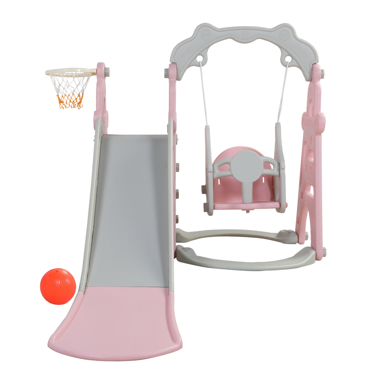 CIPACHO 3 in 1 Kids Slide and Swing Set with Basketball Hoops, Indoor Outdoor, Pink