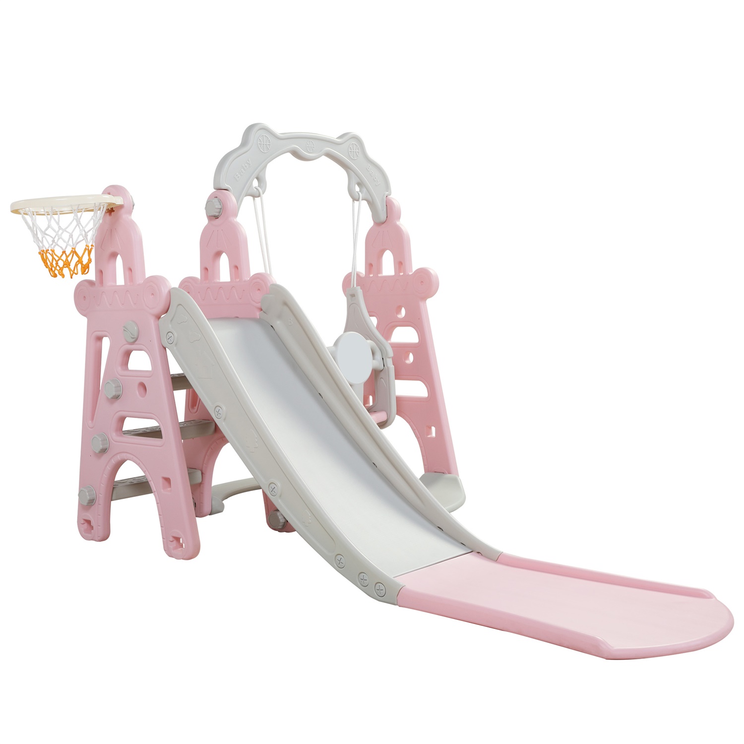 CIPACHO 3 in 1 Kids Slide and Swing Set with Basketball Hoops for Toddlers 1-5 Years, Indoor Outdoor Playground, Pink